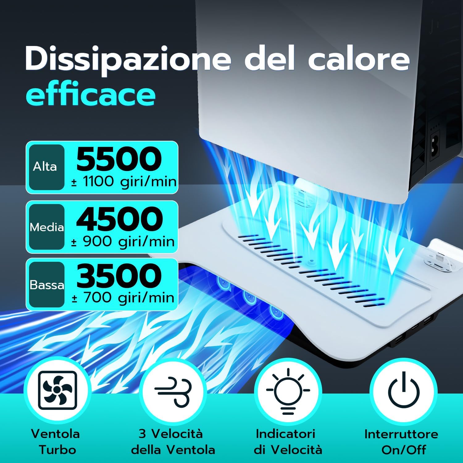 Thumbnail 2 de Tolesum supporto verticale per PS5 Slim/Pro/Disc con ventola e base di ricarica USB per 2 controller