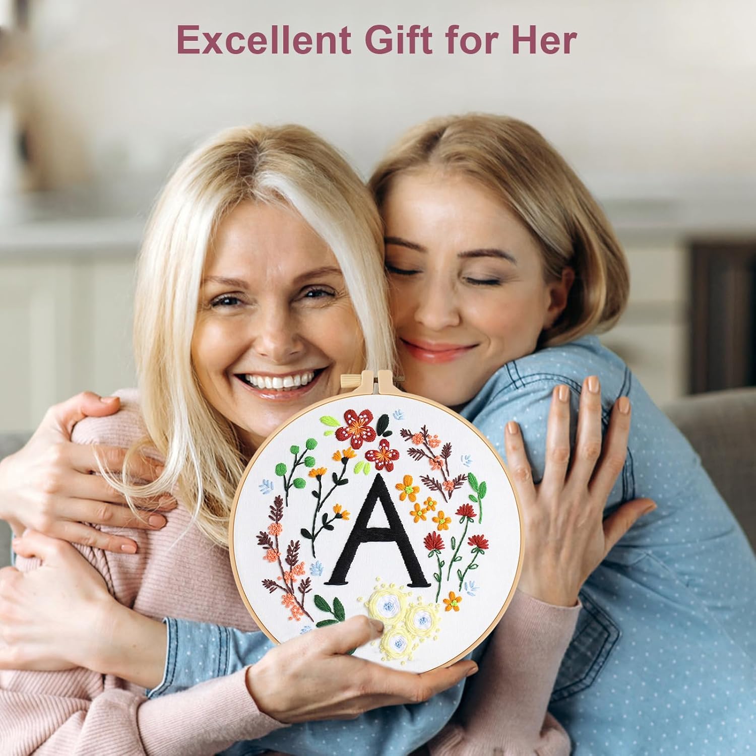 Thumbnail 6 de VUEJIC Beginner Embroidery Kit for Adults (Letter A & floral cross-stitch patterns) with hoop, floss and tools