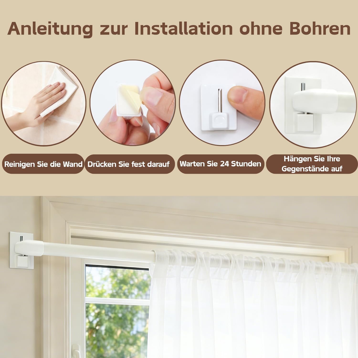 Thumbnail 2 de 2er-Set ausziehbare Vitragestangen mit Klebehaken (40–70 cm) für Scheibengardinen, Küche & DIY-Projekte