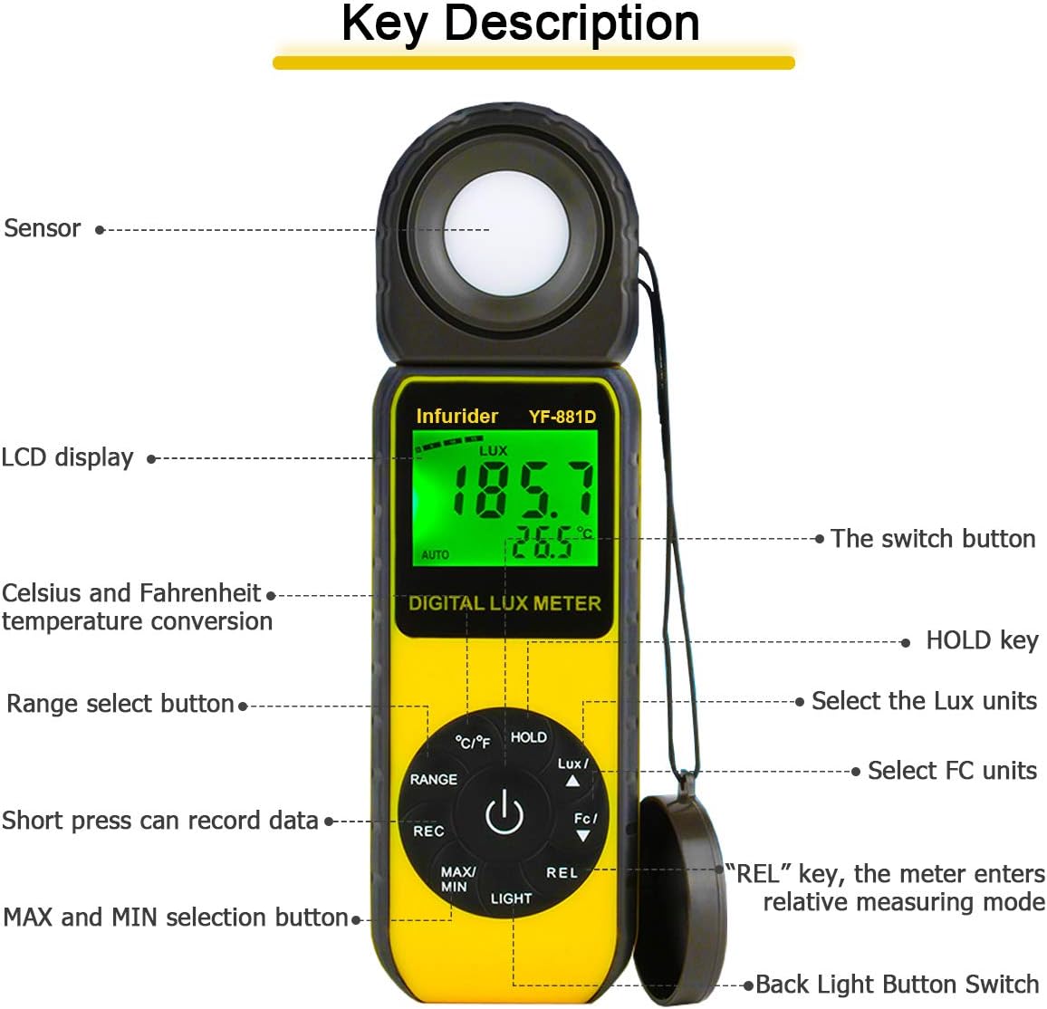 Thumbnail 4 de INFURIDER YF-881D Light Meter Lux Meter: Digital Illuminance with Rotatable Sensor