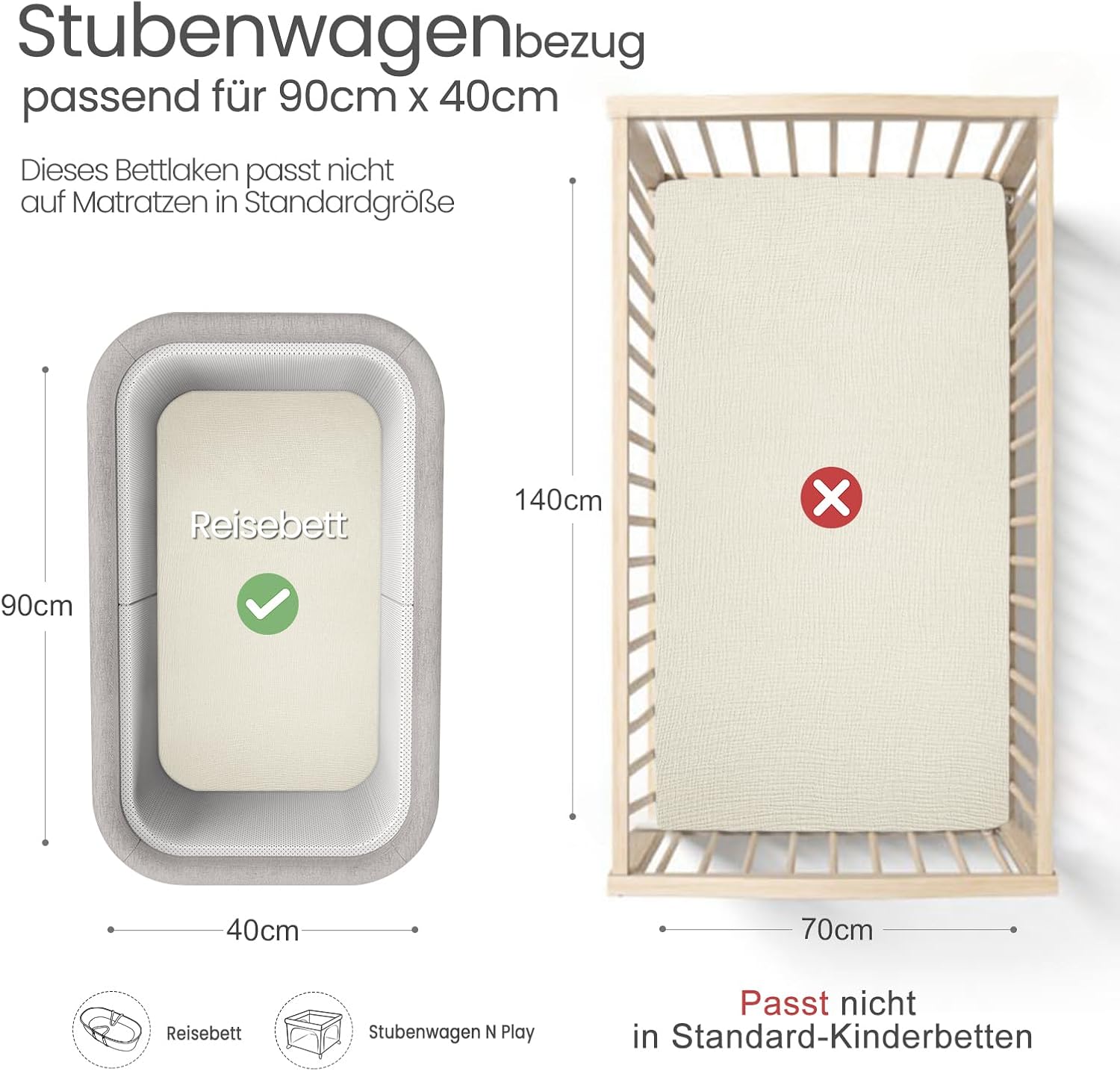 Thumbnail 1 de lulumoon Musselin-Baumwolle Spannbettlaken 2er-Set für Stubenwagen, Kinderwagen & Reisebett (35x75 cm, 41x81 cm, 40x90 cm) – Grau Creme