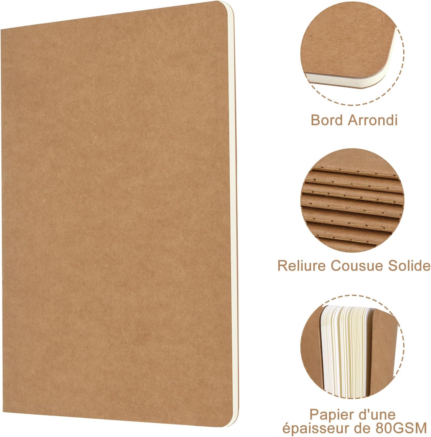 Thumbnail 3 de ZCZN A5 Cahiers Lignés Kraft 60 Pages par Bloc – Lot de 12 blocs, 80 gsm, reliure à fil