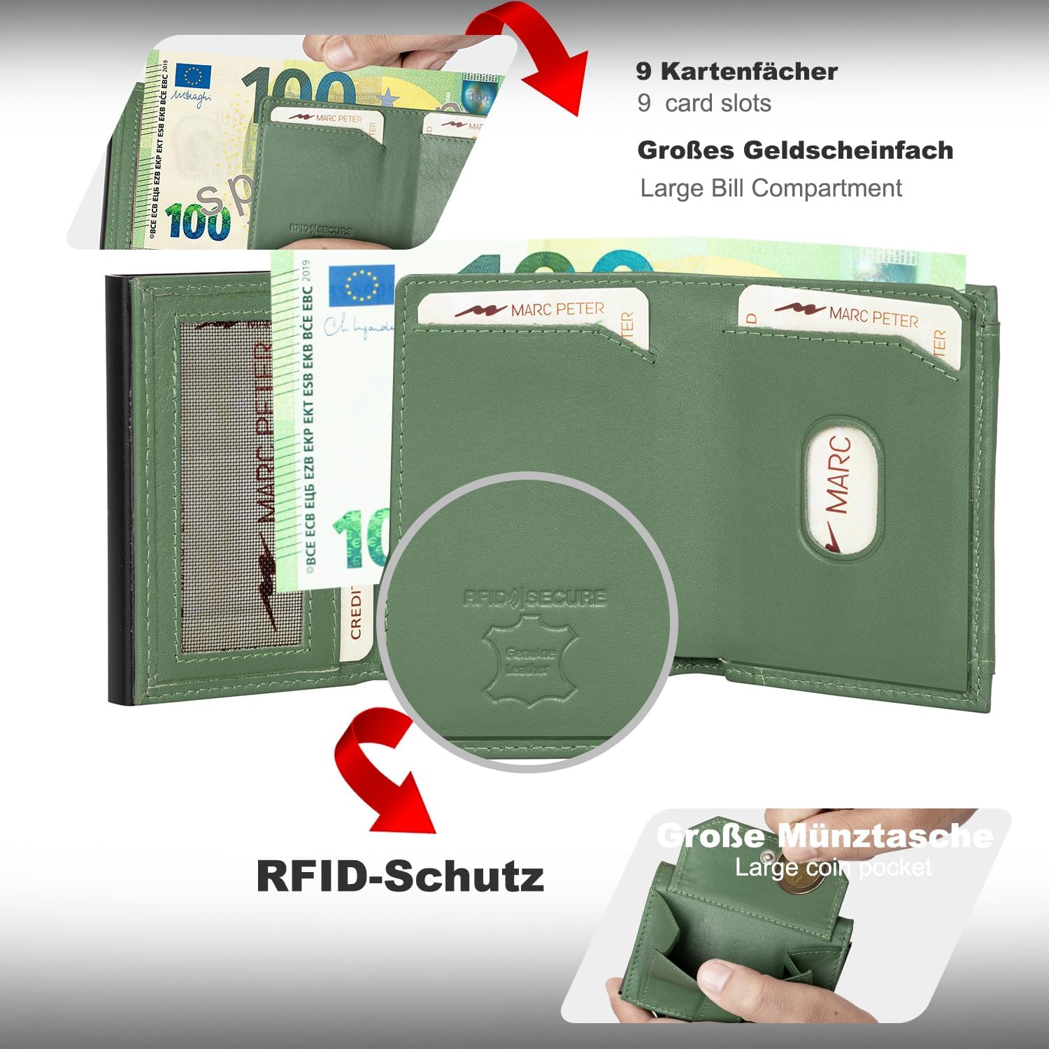 Detalle de Marc Peter Chicago Leder Push Air Slim Wallet – Airtag-Geldbörse mit Münzfach und RFID-Schutz