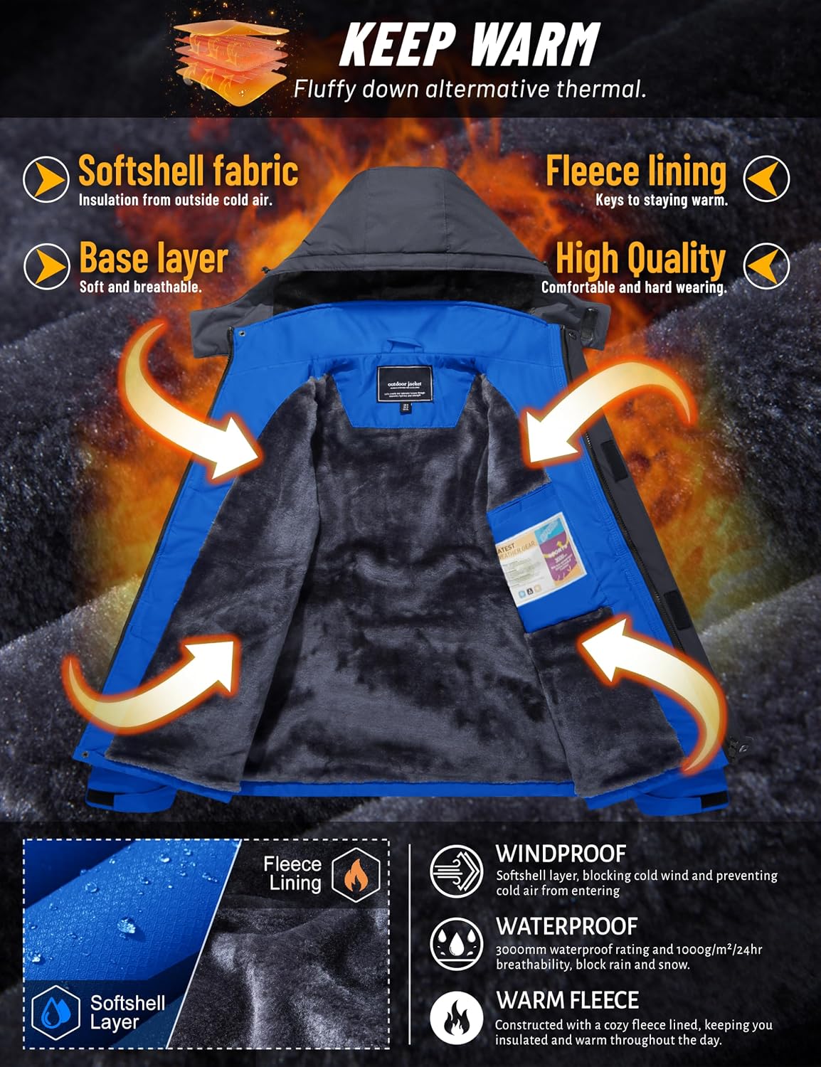 Detalle 2 de TACVASEN Men's Winter Ski Jacket, Waterproof Shell and Fleece Lining