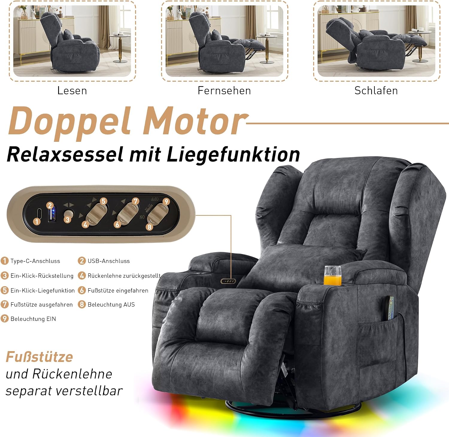 Detalle de SITURAY 2-Motorer Elektrischer Verstellbarer Relaxsessel mit Liegefunktion, Drehbarer TV-Sessel mit Massage + Wärme – Samt Grau