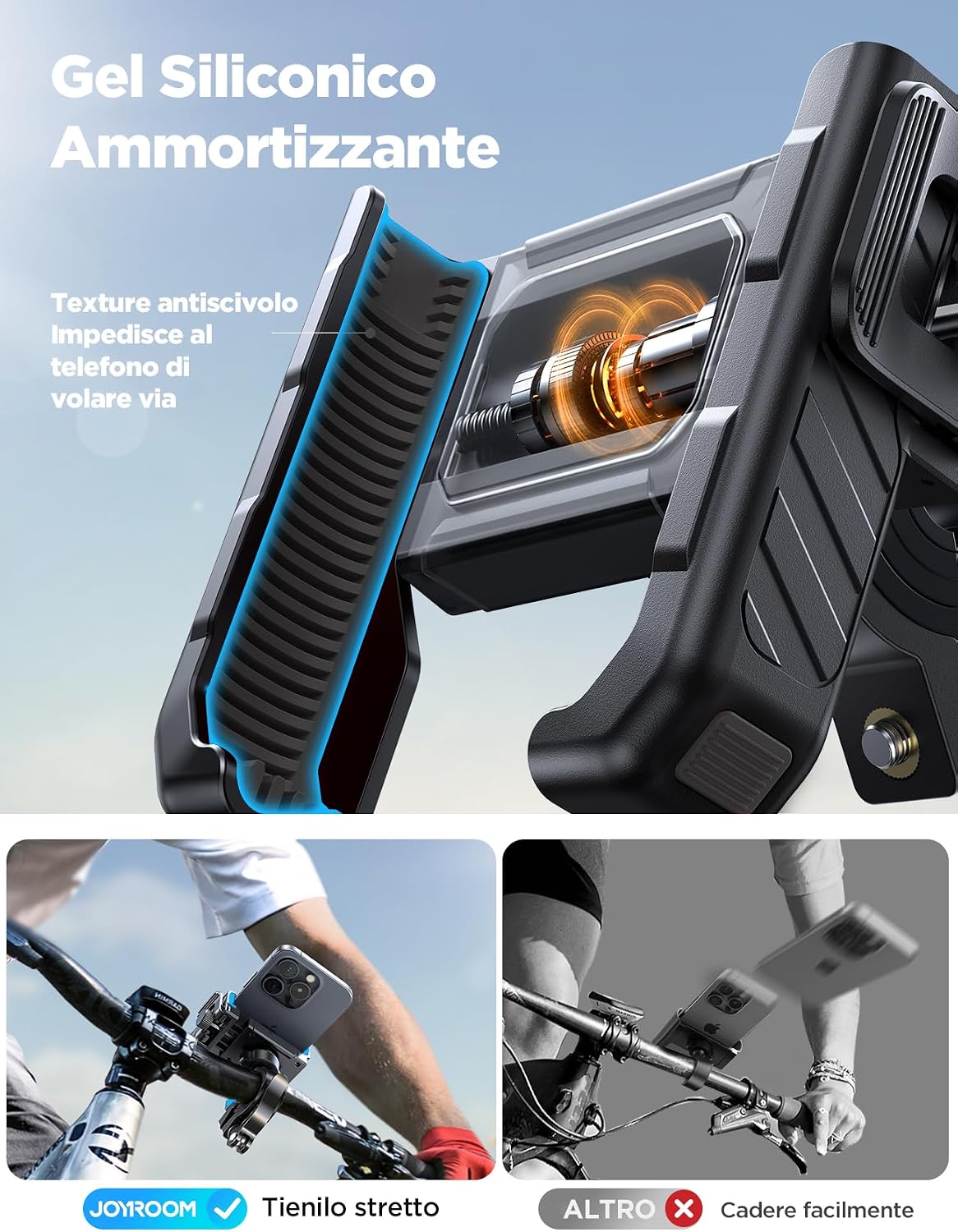 Detalle de JOYROOM 2026 Porta Cellulare Moto con supporto antiscivolo e antiurto, morsetto universale per manubrio 15–40 mm (smartphone 4,7–7,0")