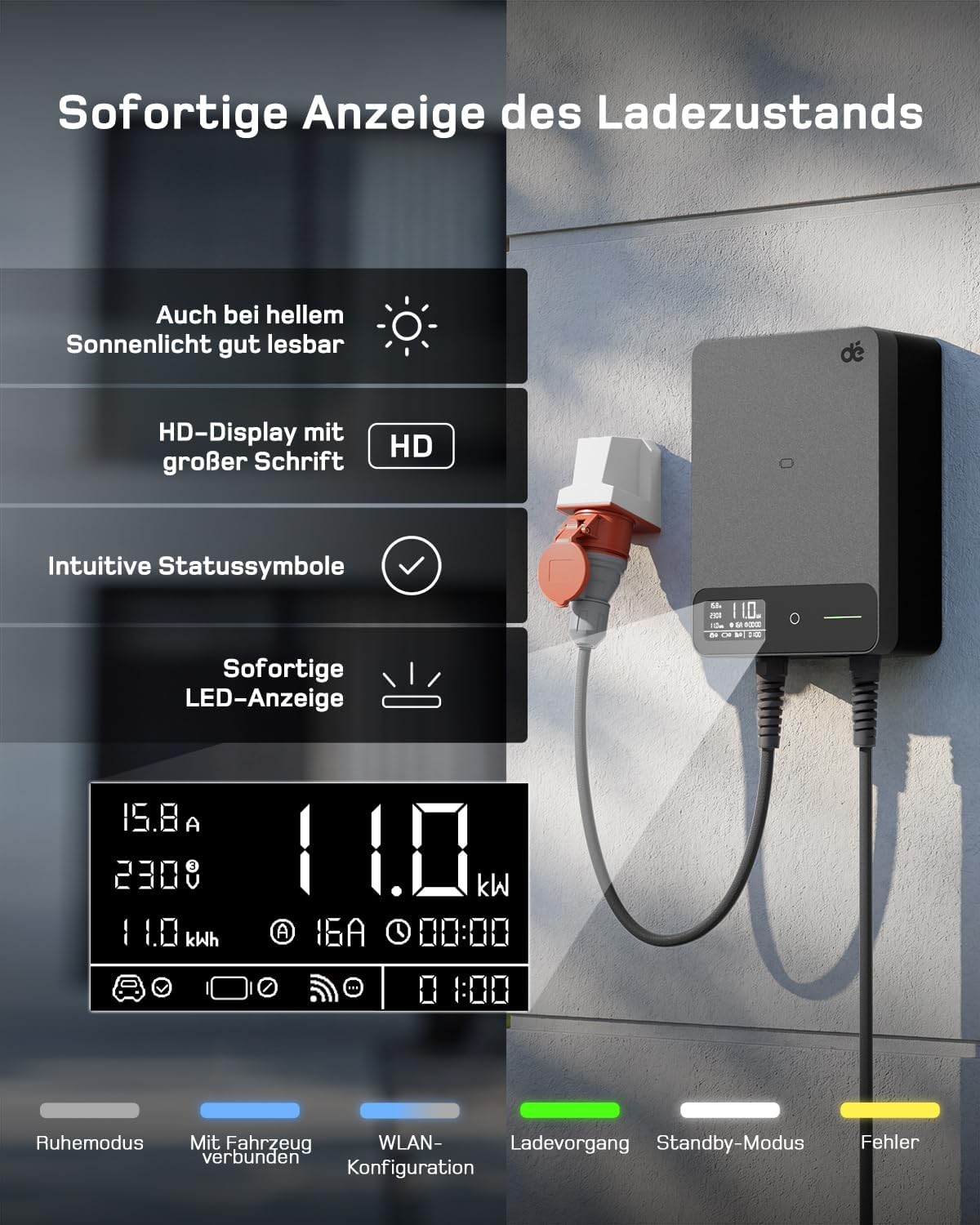 Detalle de dé Wallbox 11kW mit APP – 12,5 m Typ 2 Kabel, 3-Phasen EV-Ladegerät, IP54, RCD Typ A 30mA/6mA