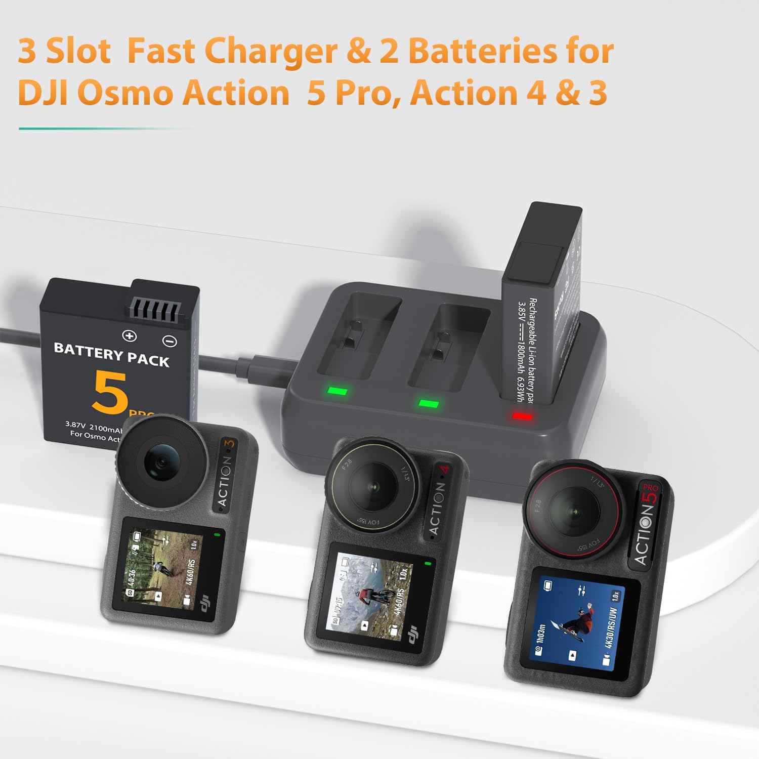 Detalle de LP Osmo Action 5 Pro Battery Charger Pack: 2x 2100mAh Replacements for DJI Osmo Action 3/4/5 Pro