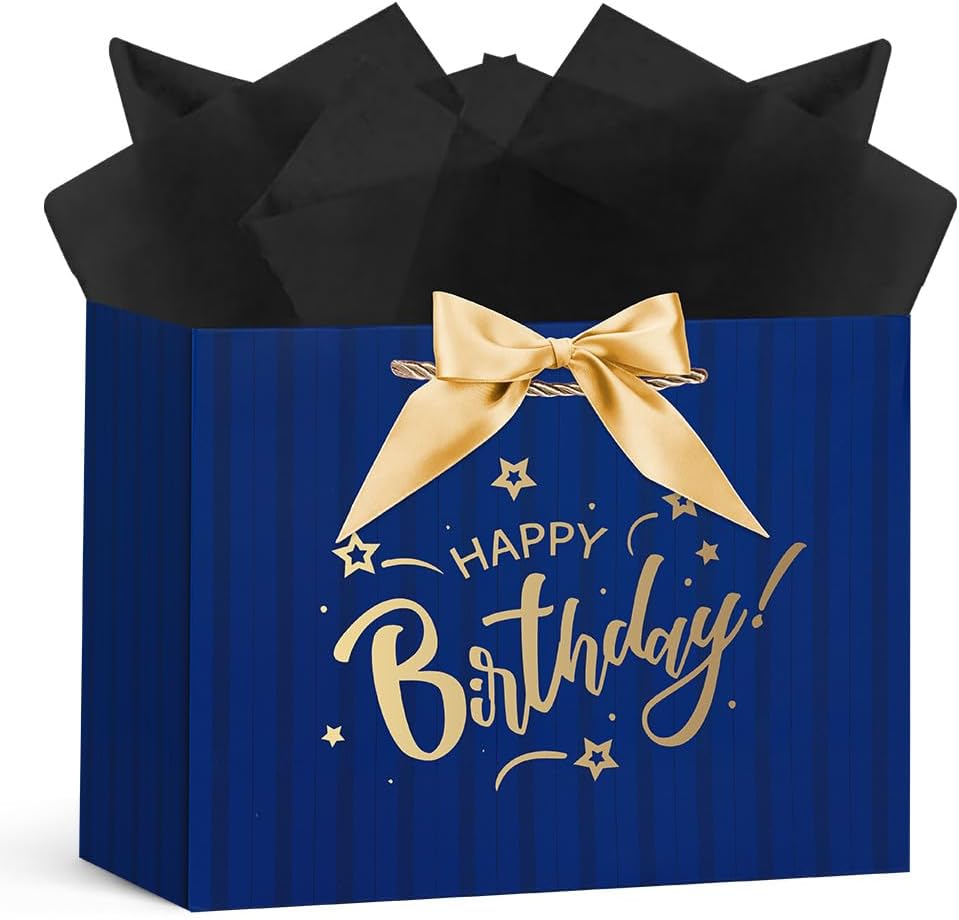 AOOSU Geschenktüte Geburtstag – Blau, inklusive Schleife, Grußkarte & Seidenpapier (28×20×10 cm)