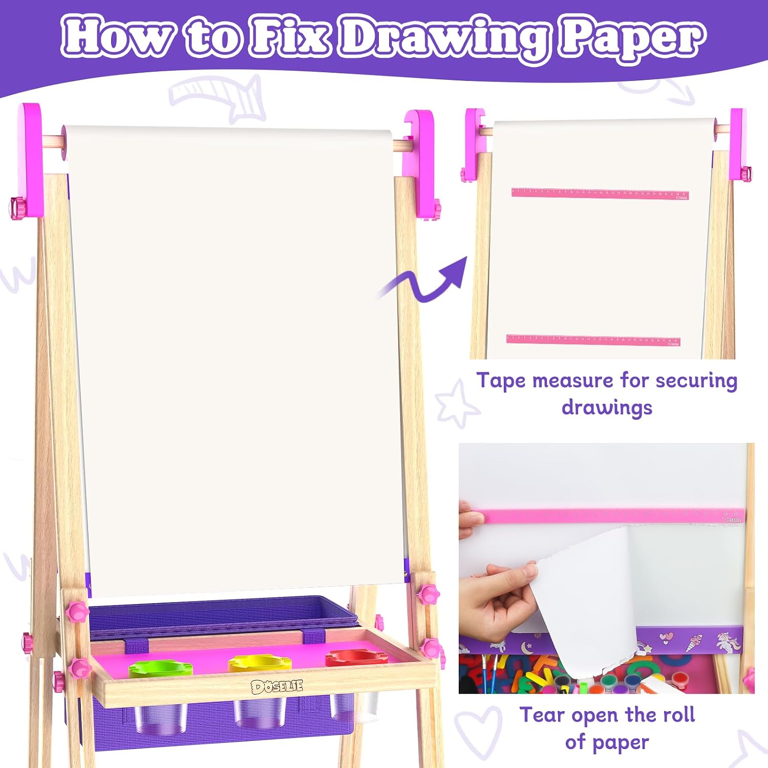 Thumbnail 6 de Kids Art Easel for Ages 4–8 with Paper Roll, Markers, Paint, Chalk & Magnetic Accessories