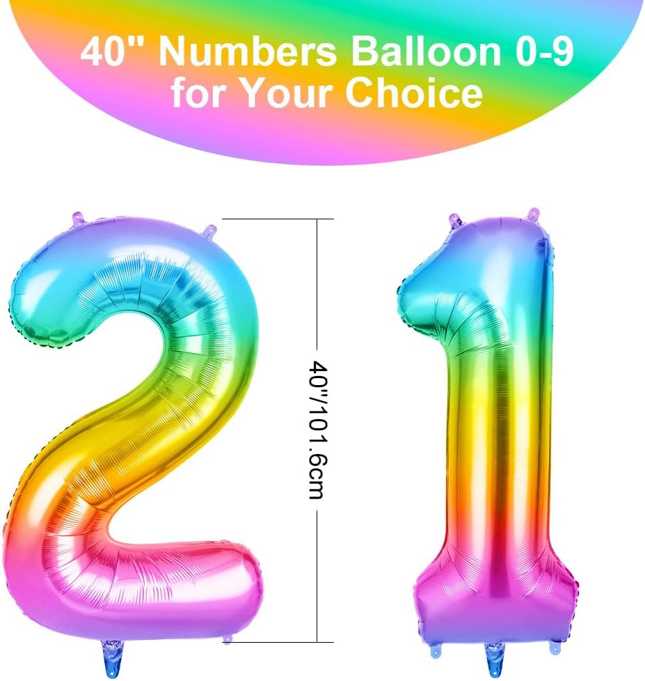 Thumbnail 1 de OFFCUP Ballon d’anniversaire 21 ans arc-en-ciel (chiffre 101 cm) – ballons à hélium numéro 21
