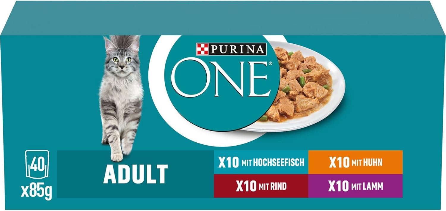 Detalle de PURINA ONE Adult Katzennassfutter Sorten-Mix 40 x 85 g – Lamm, Huhn, Hochseefisch & Rind