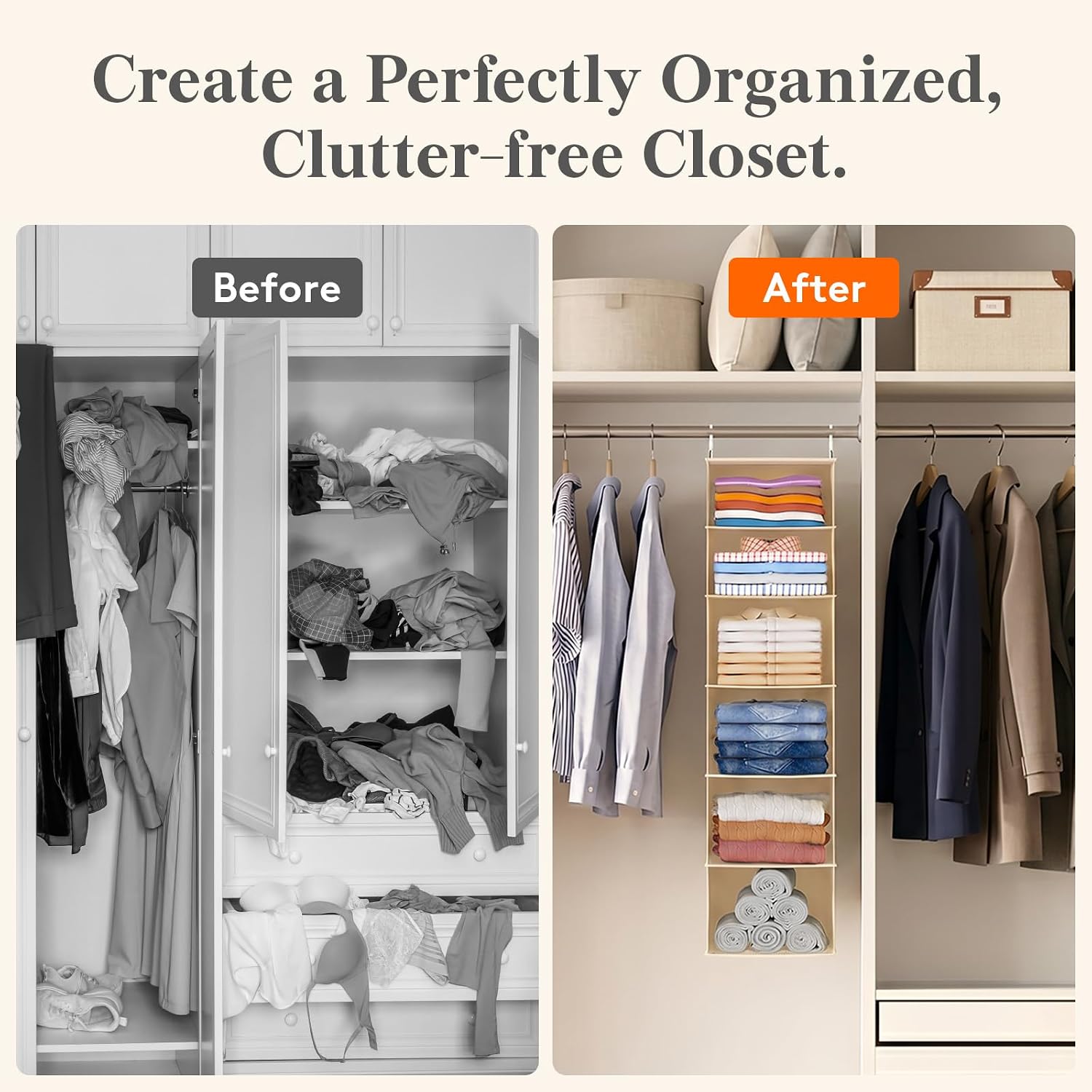 Thumbnail 6 de Lifewit 25081 Hanging Wardrobe Organiser, 6 Tiers, Foldable, Beige, 2 Pack