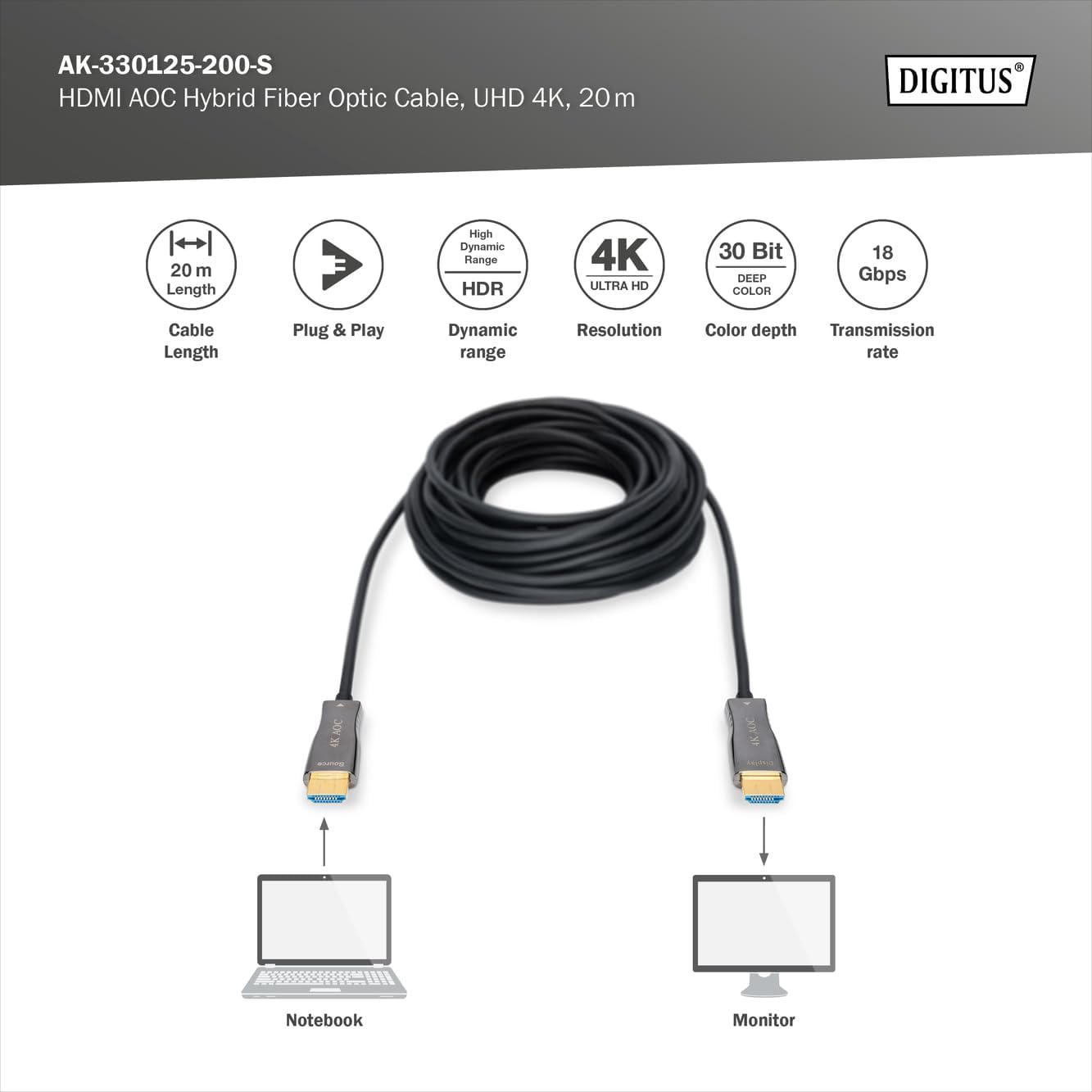 Thumbnail 2 de DIGITUS Câble HDMI en fibre optique 20 m (HDMI 2.0, 18 Gbps) – UHD 4K 60 Hz, ARC, HDR, HDCP 2.2