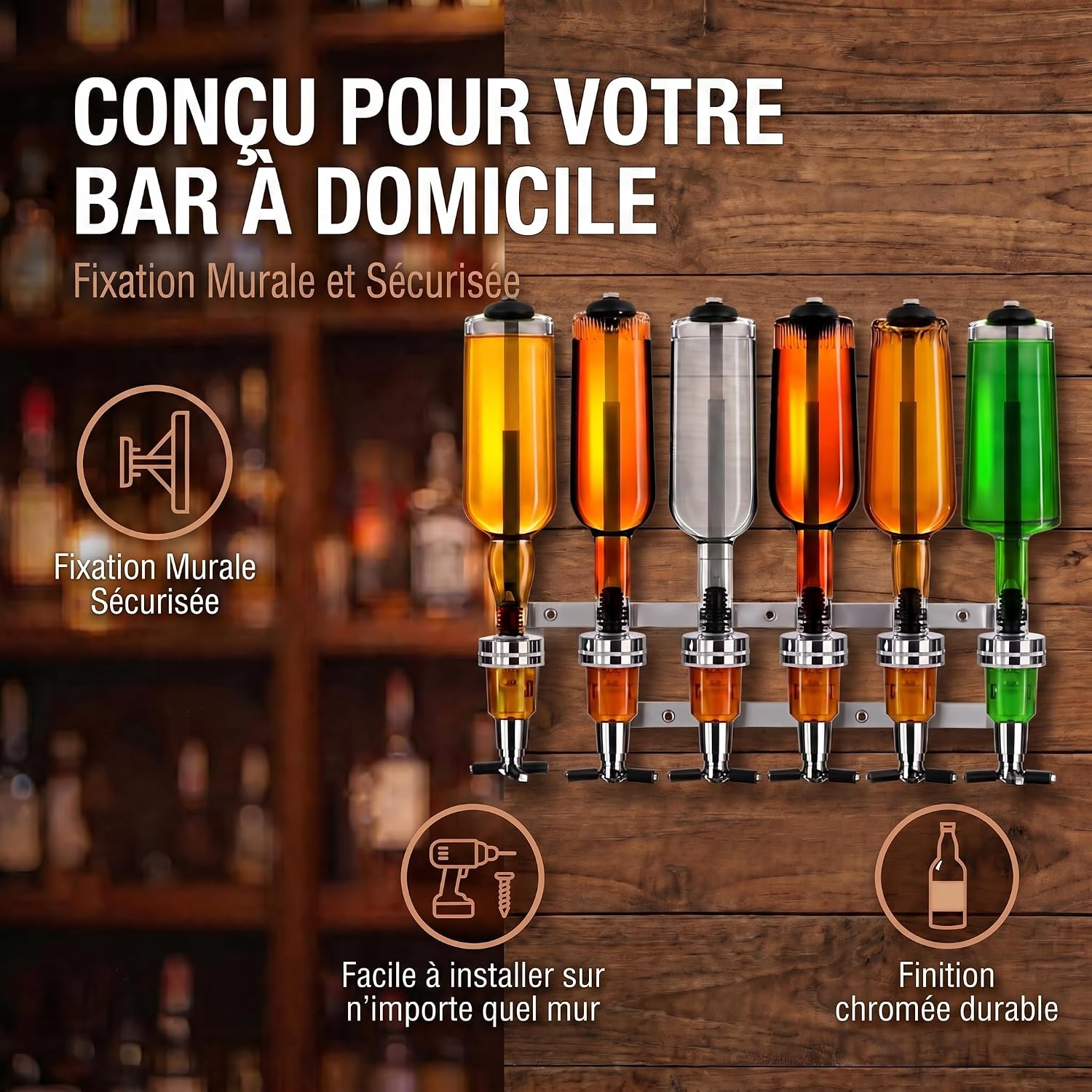 Detalle de Bar-Butler pour spiritueux – Porte-bouteilles et doseur 4 cl, version murale ou avec socle
