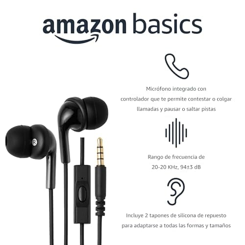 Detalle de Amazon Basics: Auriculares con cable intraurales con micrófono (paquete de 2)
