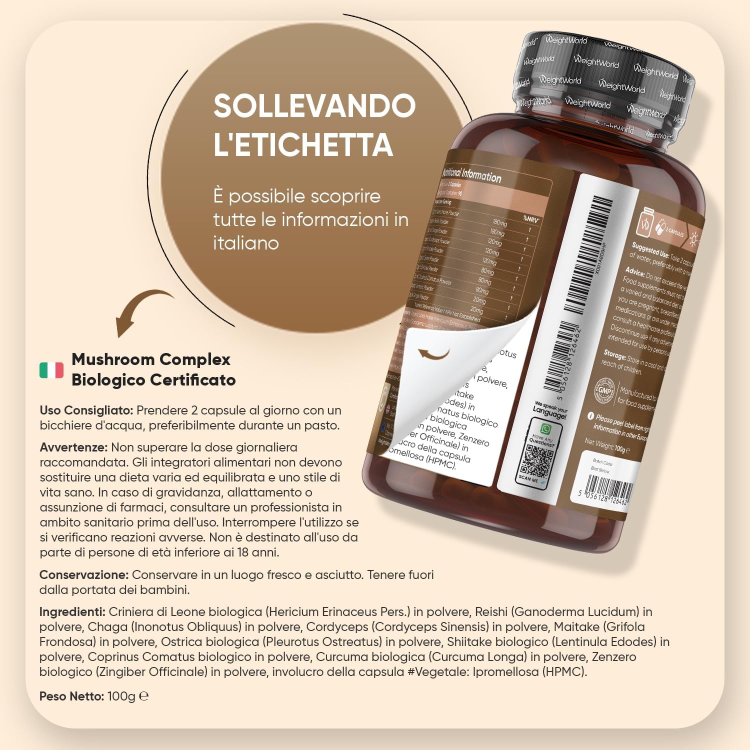 Detalle de Miscela Funghi Bio WeightWorld: 8 Funghi in 180 Capsule Vegane (3 mesi) con Lion’s Mane, Reishi, Chaga, Cordyceps, Maitake, Shiitake, Curcuma e Zenzero