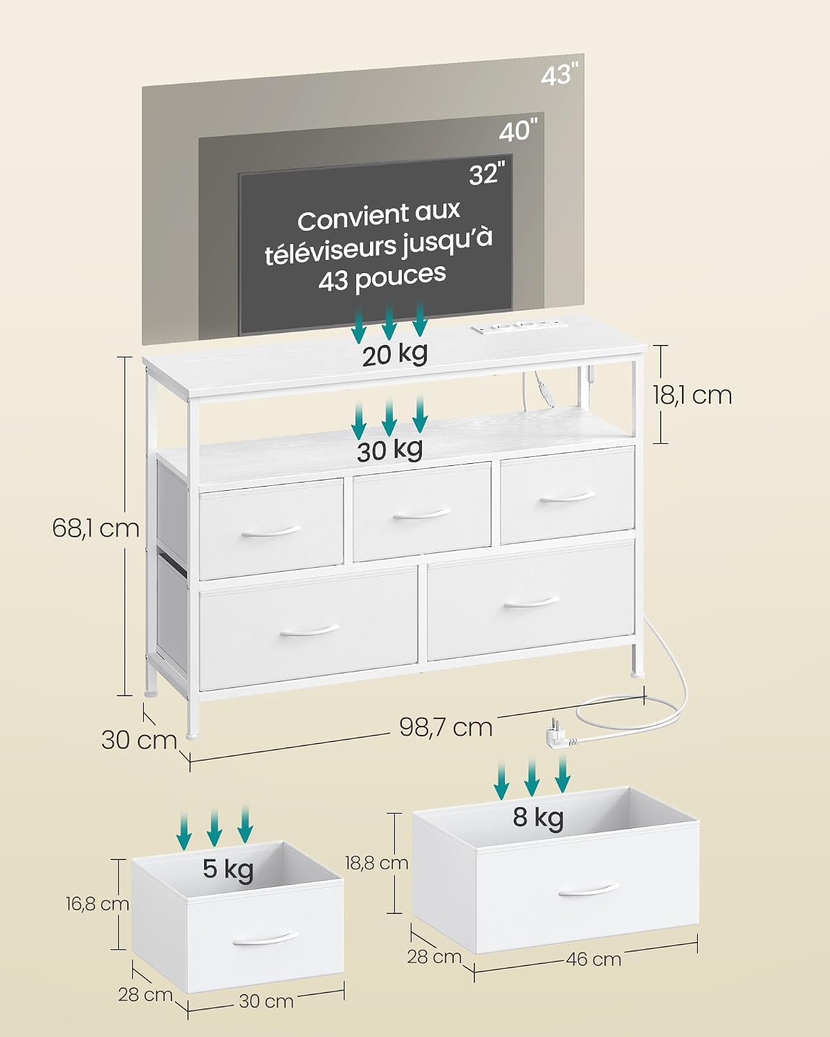 Detalle 2 de SONGMICS BELLAH Commode 5 tiroirs 1 étagère