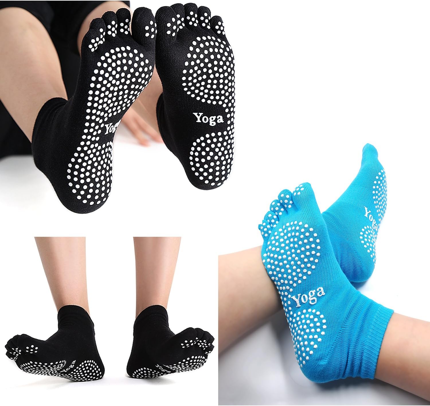 Detalle 2 de PUTUO Chaussettes de yoga femme antidérapantes en coton avec orteils (4 paires), EU 36-42