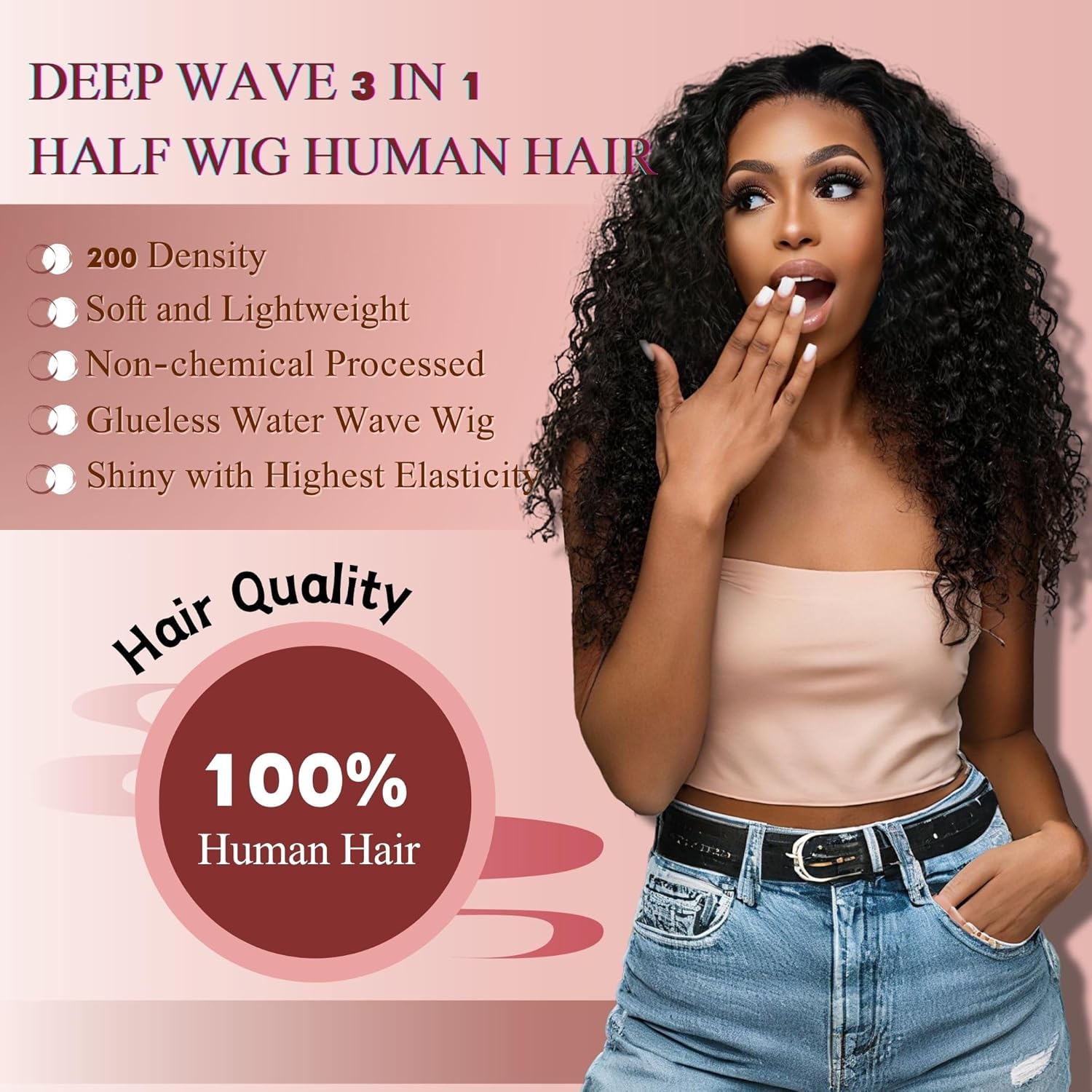Detalle 2 de Pinketer Deep Wave Half Wig Human Hair 20inch | Glueless 3-in-1 Drawstring Half Wig for Beginner-Friendly, Natural Color