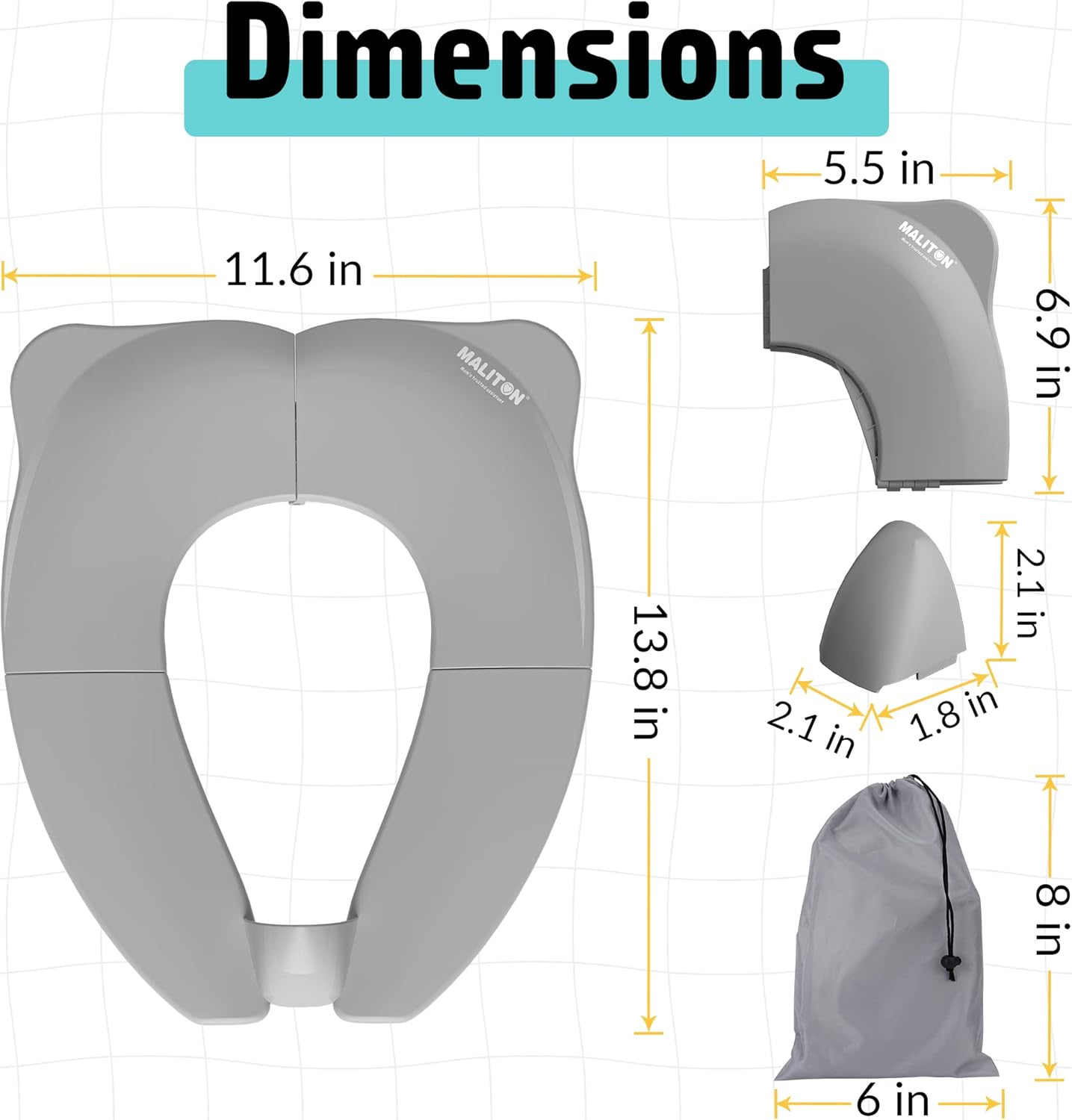Thumbnail 1 de Maliton Toddler Toilet Seat (Foldable Potty Training Seat) with Splash Guard & Carry Bag, Grey