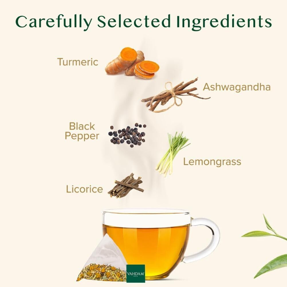 Detalle de VAHDAM Kurkuma Ashwagandha Kräutertee (100 Teebeutel) – koffeinfrei mit Kurkuma, Zitronengras & schwarzem Pfeffer