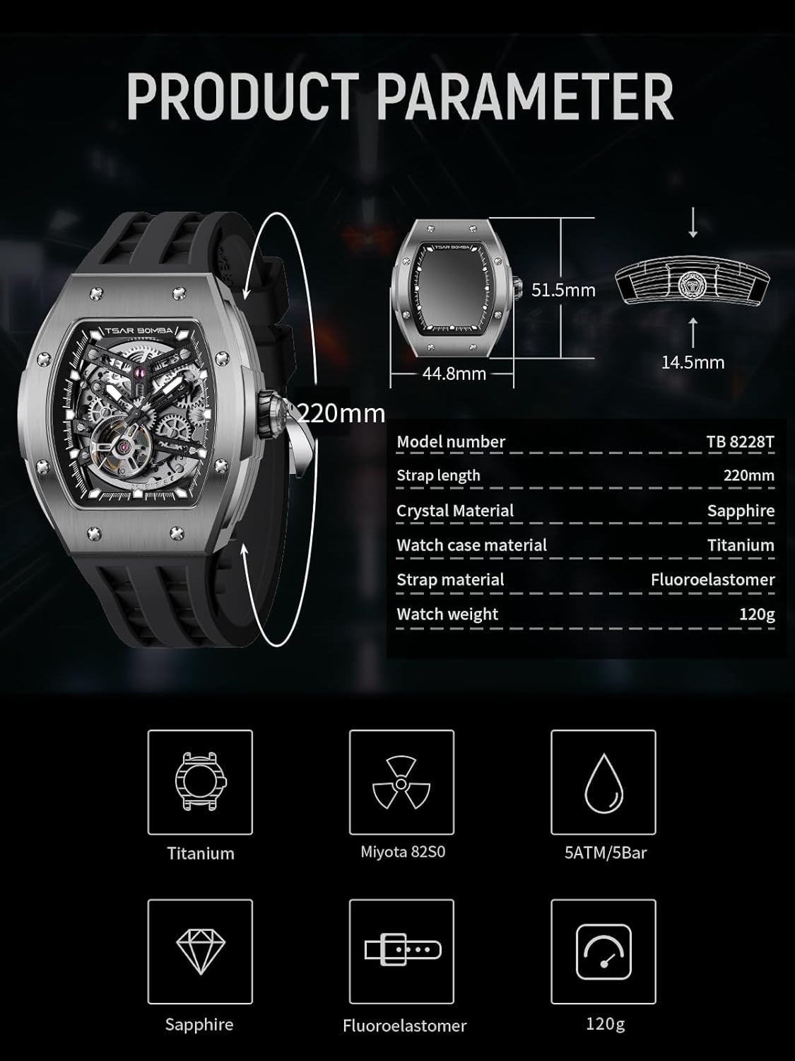 Thumbnail 6 de TSAR BOMBA Orologio Automatico da Uomo – Cassa Titanio, Movimento Giapponese 82S0, Vetro Zaffiro, Scheletro Dual
