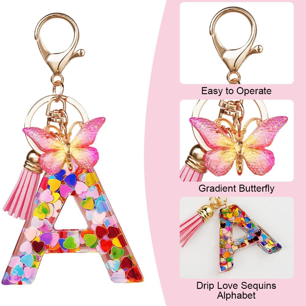 Thumbnail 3 de OSDUE Portachiavi Donna con Lettera e Farfalla Rosa – Portachiavi personalizzato in resina con nappina