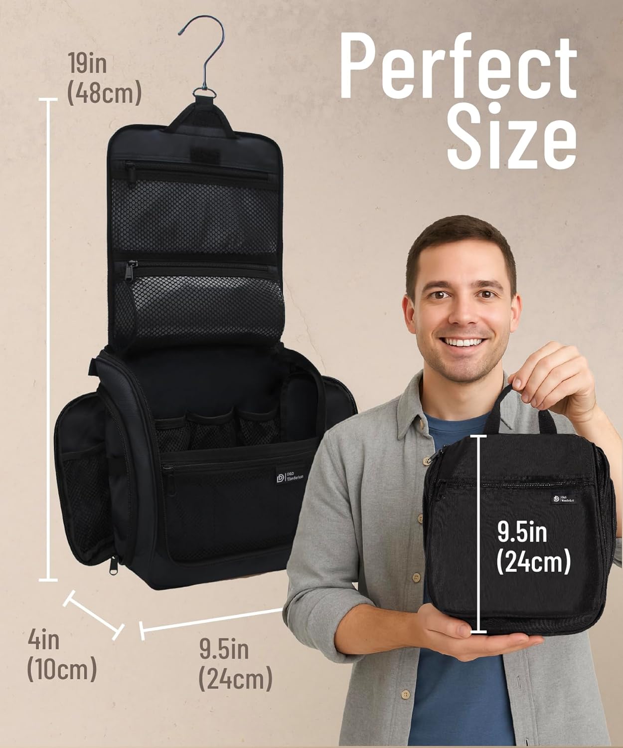 Detalle de D&D Hanging Travel Toiletry Bag with 10 compartments, YKK zippers and XXL metal swivel hook (Large)
