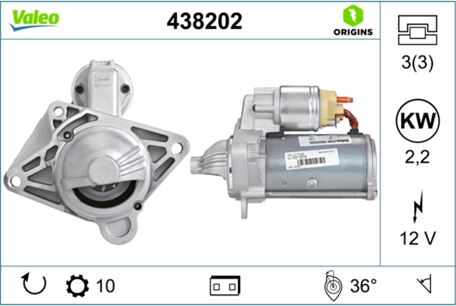Detalle 2 de VALEO 438202 Démarreur – 12 V, 2,2 kW, 10 dents, sens horaire