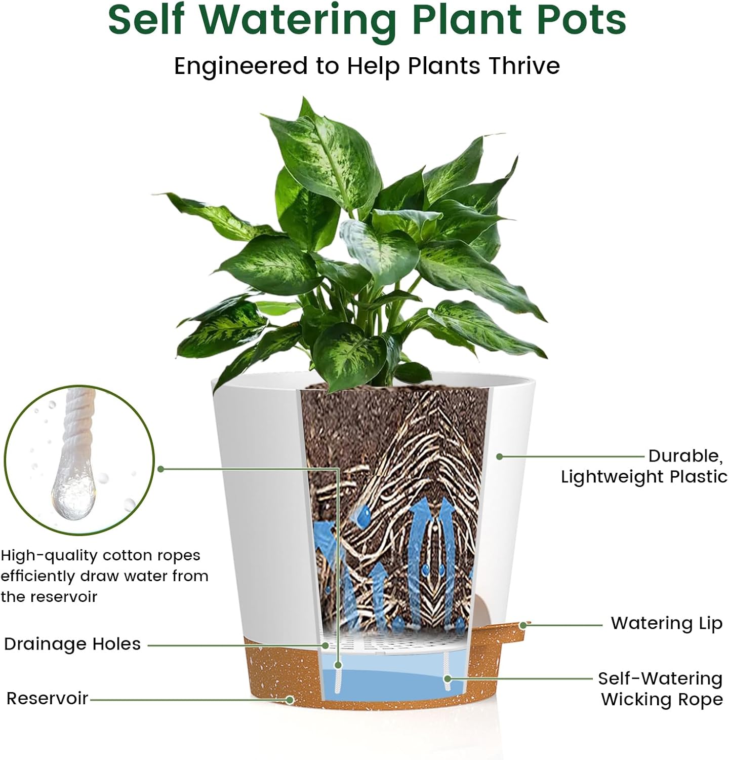 Thumbnail 3 de WSMKSZ 25cm Large Self-Watering Plant Pots (3 Pack) with Deep Reservoirs, Cotton Wicks, White/Brown