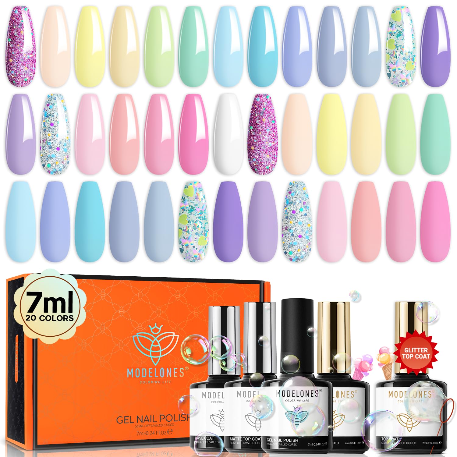 Detalle de Modelones 24Pcs Gel Nail Polish Set: 20 Easter Pastel Colors with Glitter, Glossy & Matte Top Coats