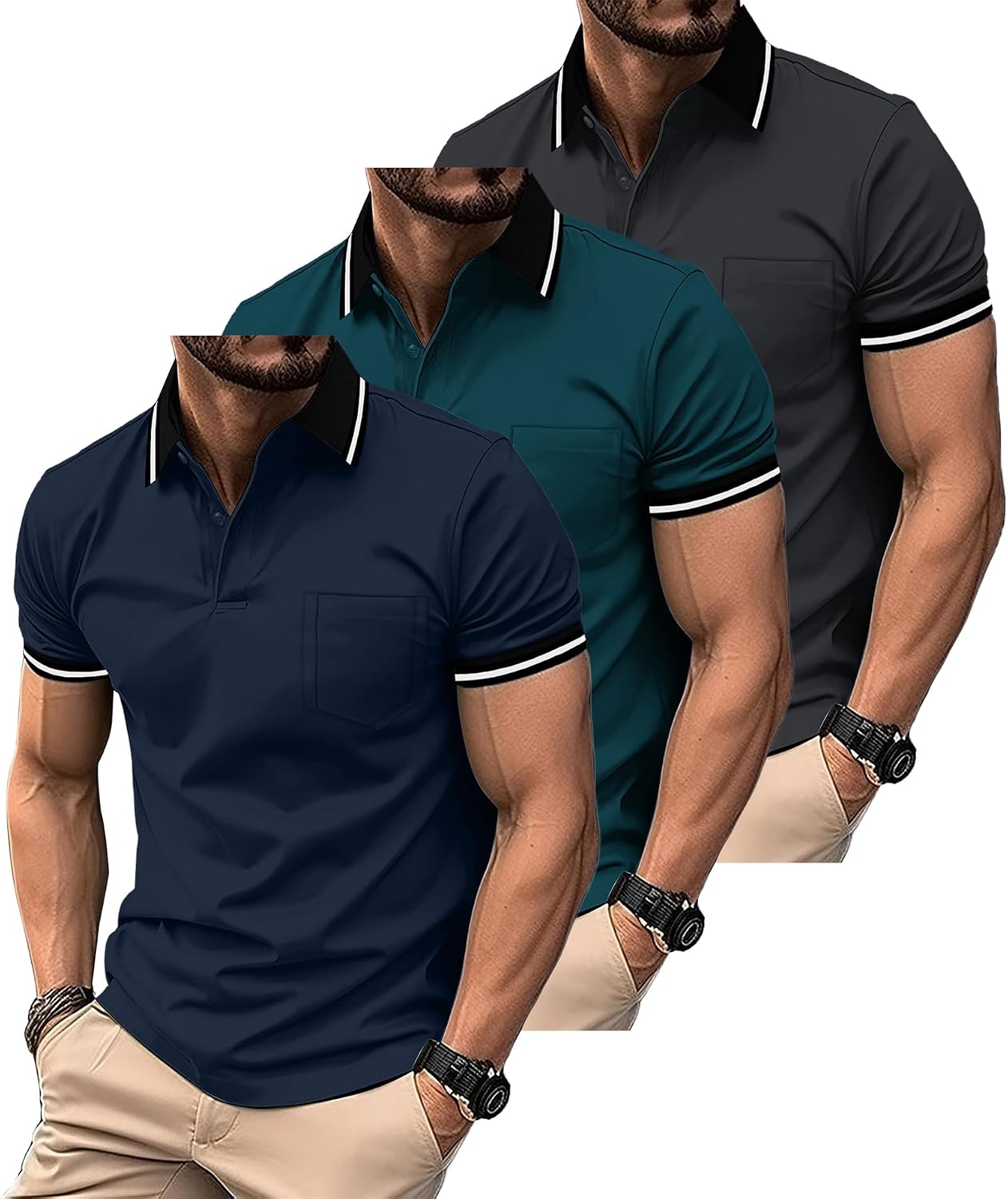 Detalle de SwissWell 3 Pack Men’s Polo Shirts Short Sleeve – Breathable, Flexible and Easy Care