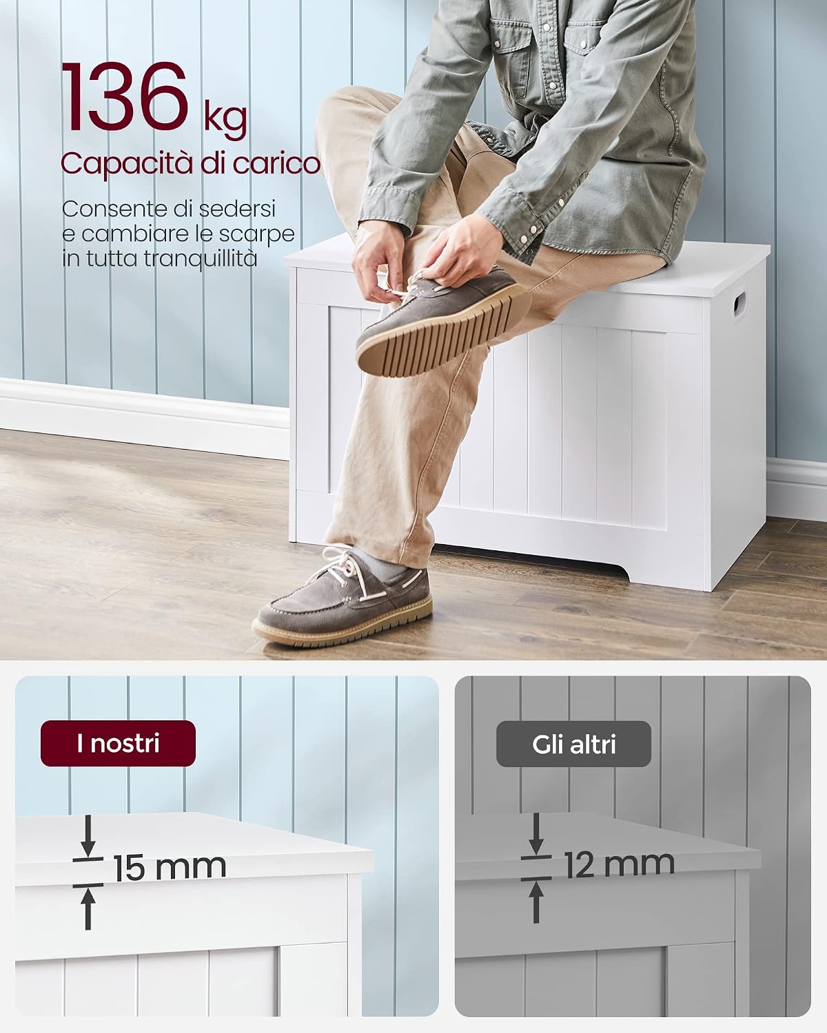 Detalle 2 de VASAGLE Cassapanca Contenitore LHS11WT Bianco Nuvola: panca portascarpe con ampio spazio contenitivo