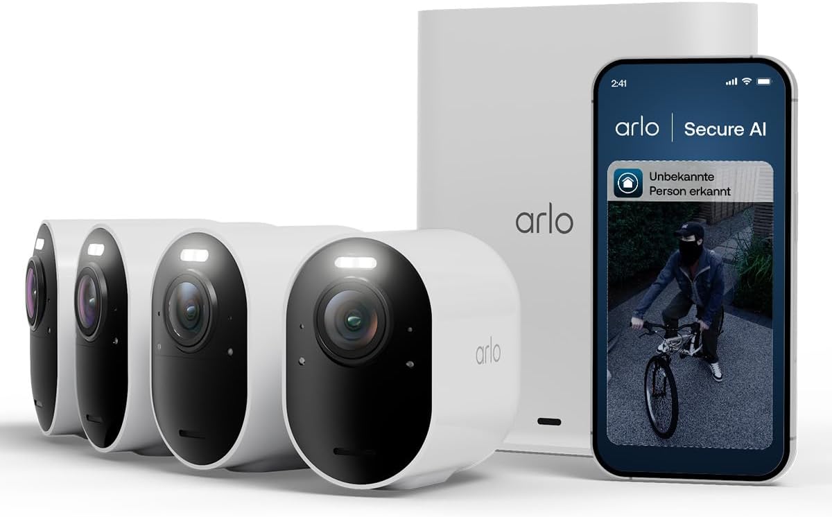 Detalle de Arlo Ultra 3 Außen-WLAN-Überwachungskamera (kabellos) – 4K, KI-Erkennung, Auto-Tracking, Farb-Nachtsicht, Zwei-Wege-Audio, lokaler Speicher, 4 Kameras mit Smarthub