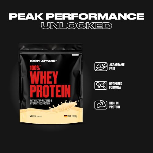 Detalle de Body Attack 100% Whey Protein Strawberry White Choc., 900 g – Cremiges Eiweißpulver mit Hydrolysat & BCAA für Muskelaufbau