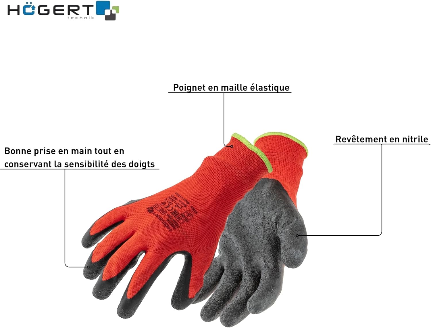 Detalle de Gants de protection RODER de Högert Technik – latex, taille 9, rouge/noir