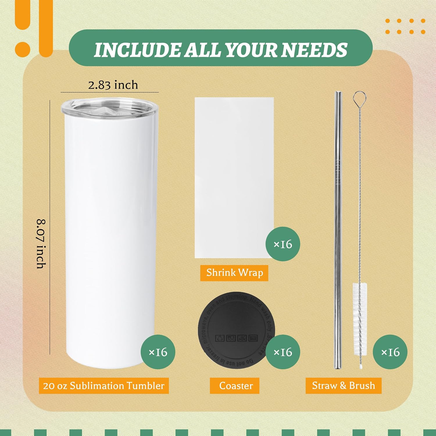 Detalle de Joyclub 16-Pack 20 oz Sublimation Tumbler Blanks (Flat Edge, Skinny Straight) with Lids & Straws