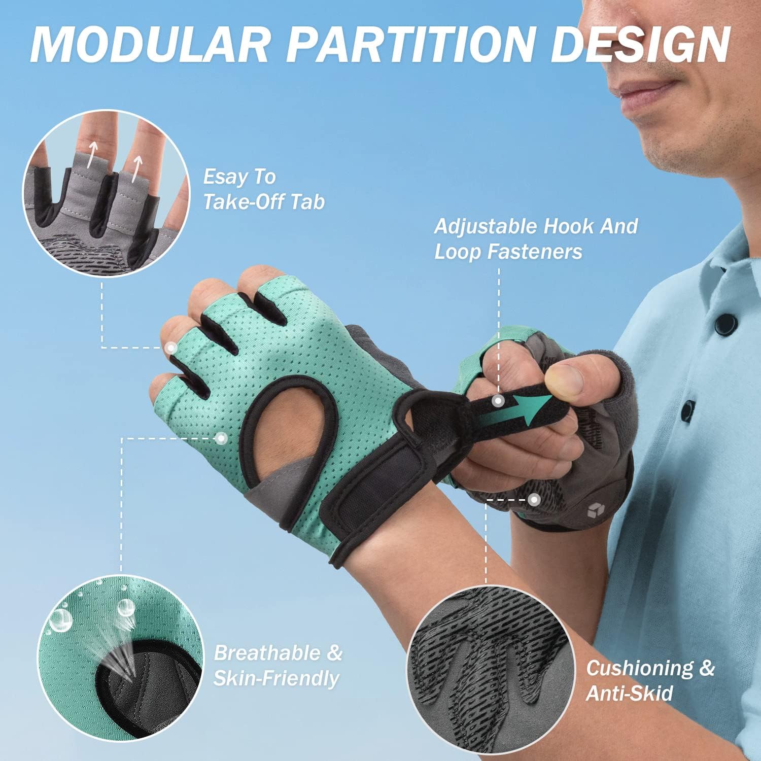 Detalle 1 de LIFECT Freedom Workout Gloves, Fingerless Mesh with Padded, Grippy Palms
