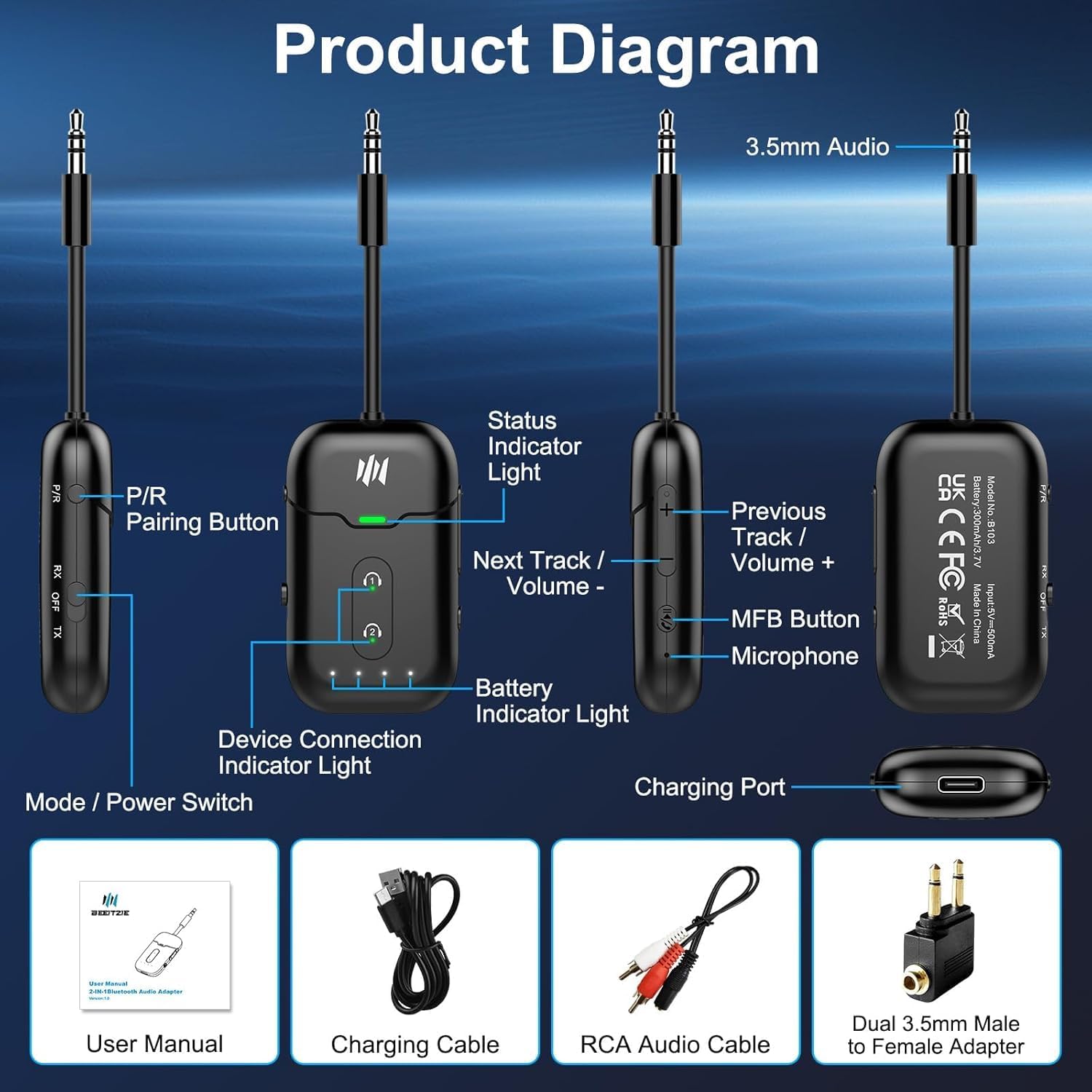 Detalle de Bluetooth 5.4 Sender & Empfänger 2-in-1 – Flugzeug-Adapter mit aptX Low Latency