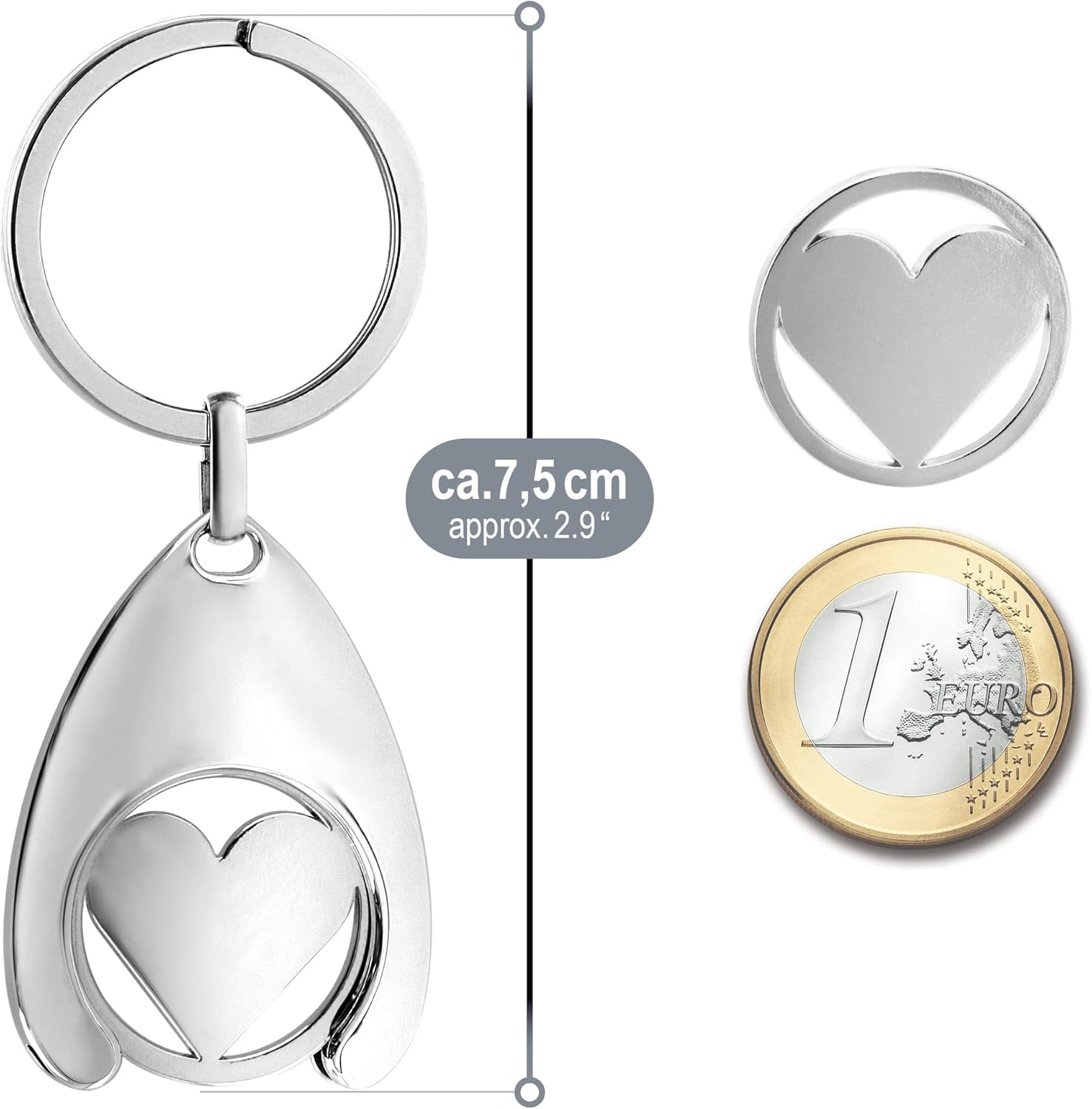 Thumbnail 5 de com-four® Portachiavi Angelo Custode con Chip Carrello della Spesa – due portachiavi con gettone a cuore rimovibile
