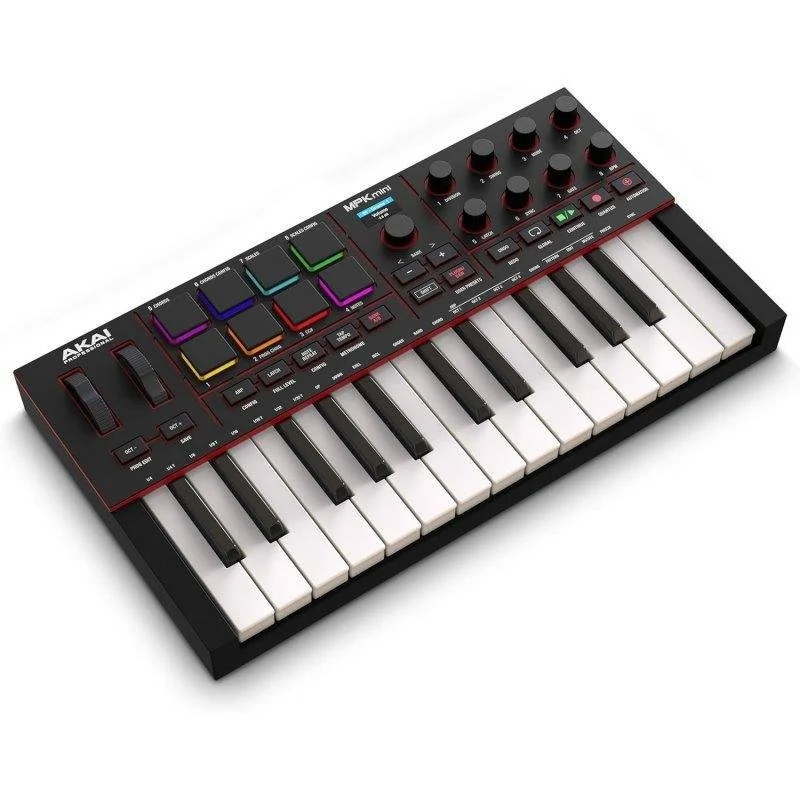 Detalle de Akai MPK Mini IV: controlador MIDI compacto con 25 teclas, pads RGB y 8 perillas asignables