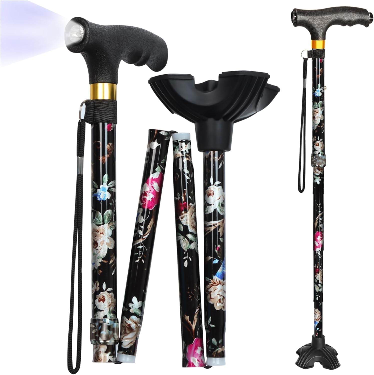 Detalle de Hedkin Folding Walking Cane with LED Light, Adjustable Height, Quad Base