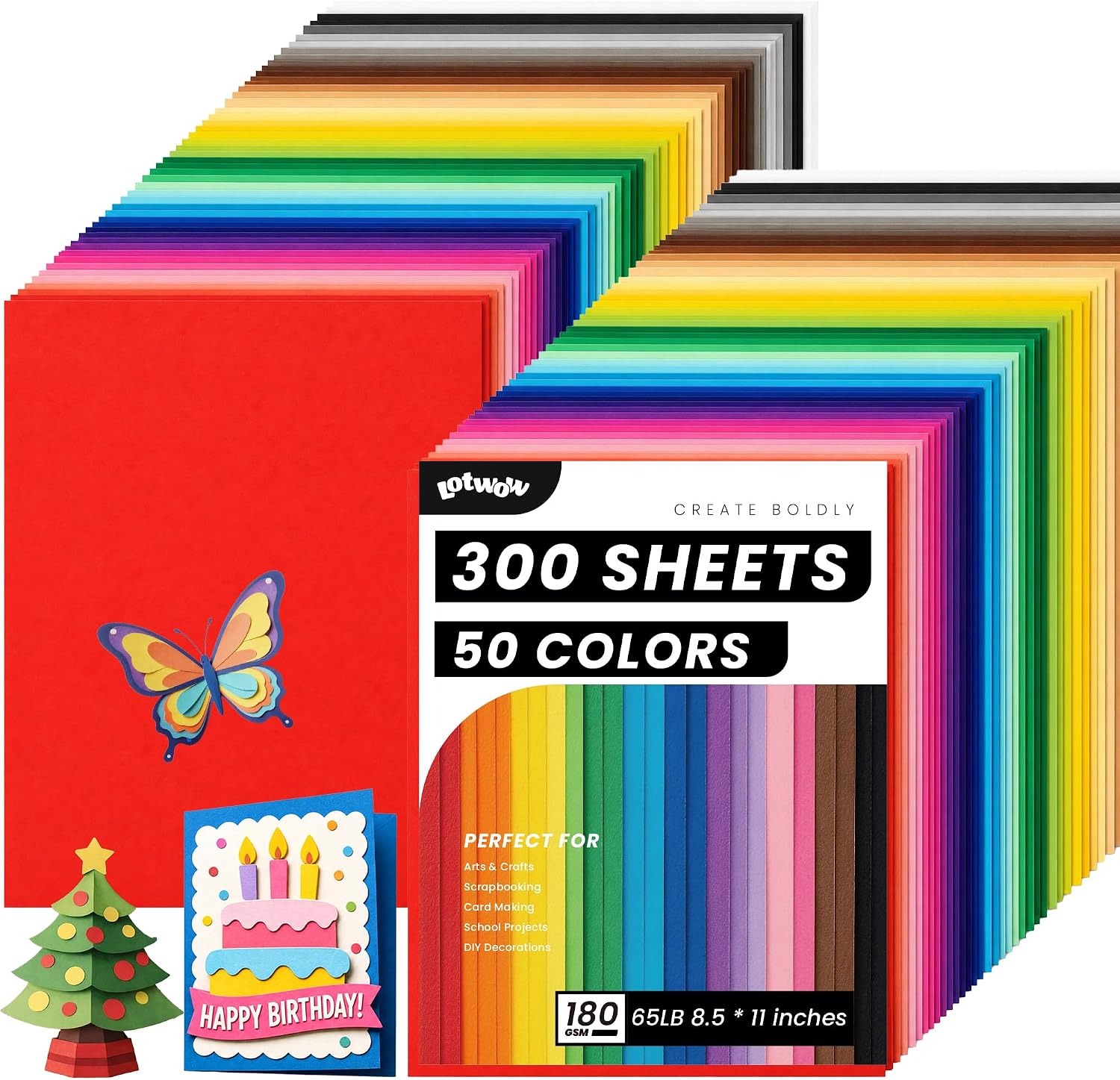 Detalle de LOTWOW 300-Sheet Colored Cardstock, 8.5 x 11 Inches, 50 Colors, 180 GSM