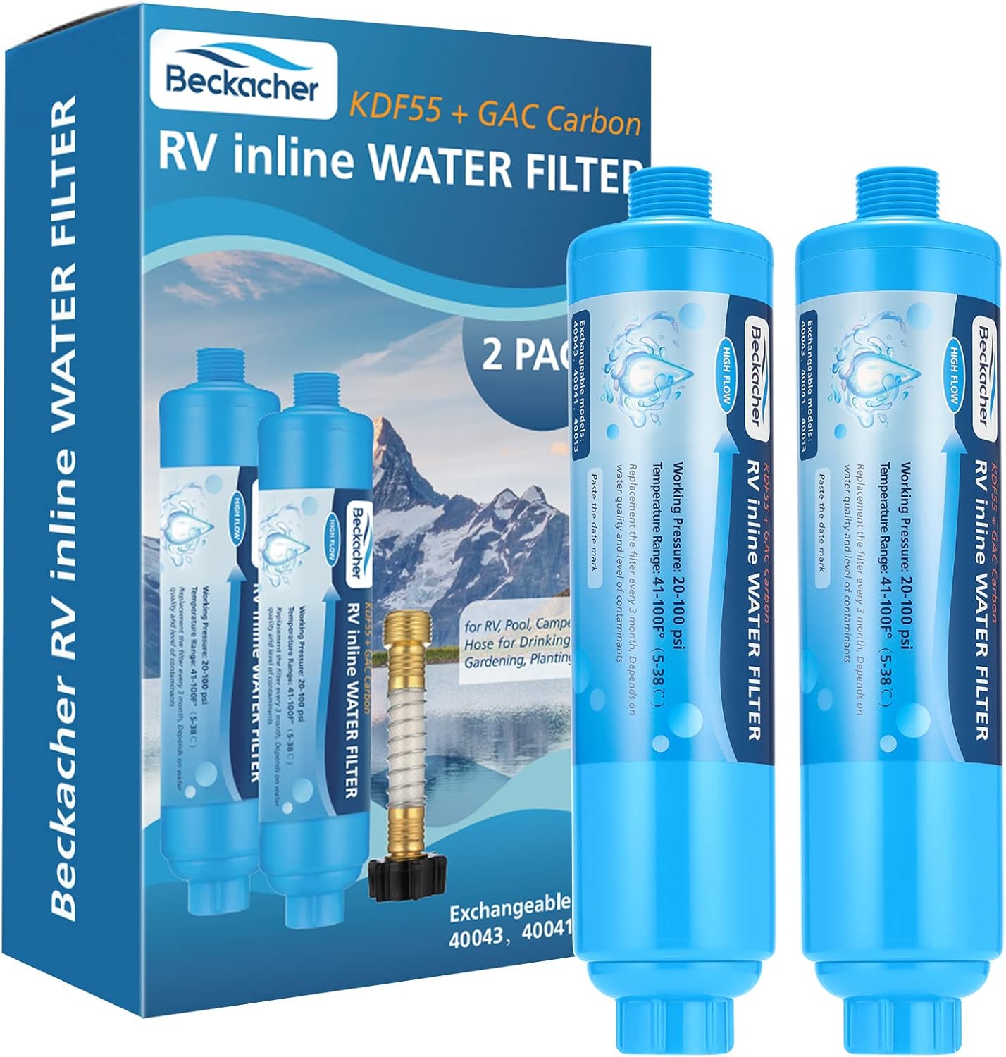 Beckacher 2-Pack Tastepure RV Inline Water Filter (KDF & GAC) with Flexible Hose Protector