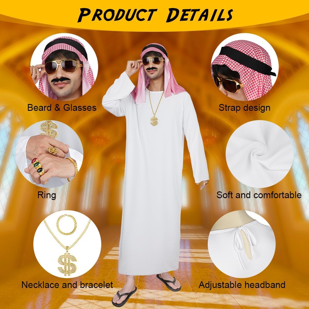 Thumbnail 4 de BSBUY Kostüm Arabischer Scheich Set für Herren – 10-teilig mit weißem Gewand, Karo-Tuch, Brille & Bart
