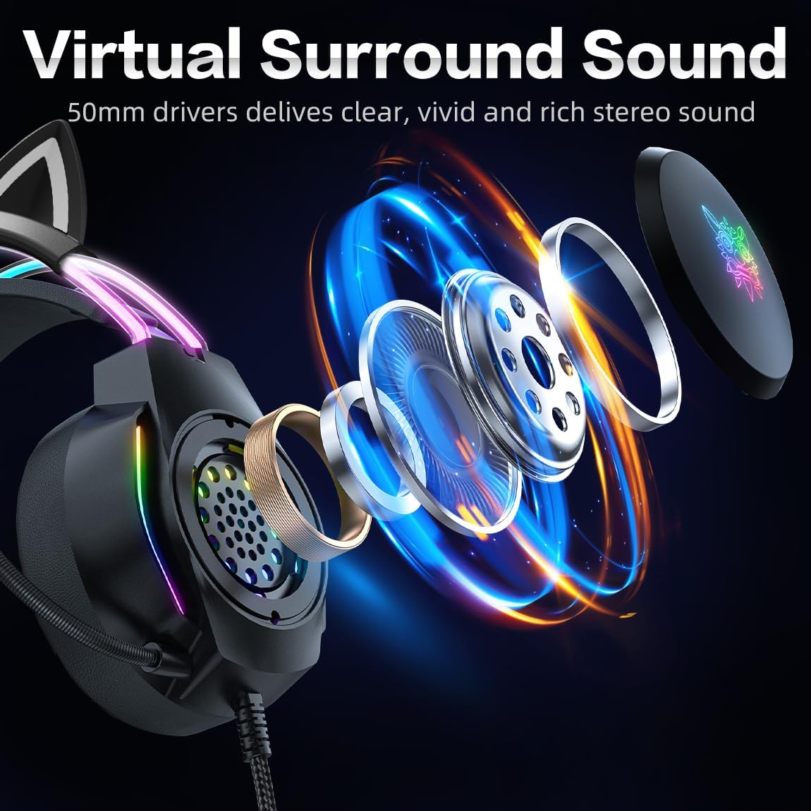 Thumbnail 2 de ONITOON gaming headset with removable cat ears, RGB backlight & microphone for PC, PS4/PS5, Switch and more