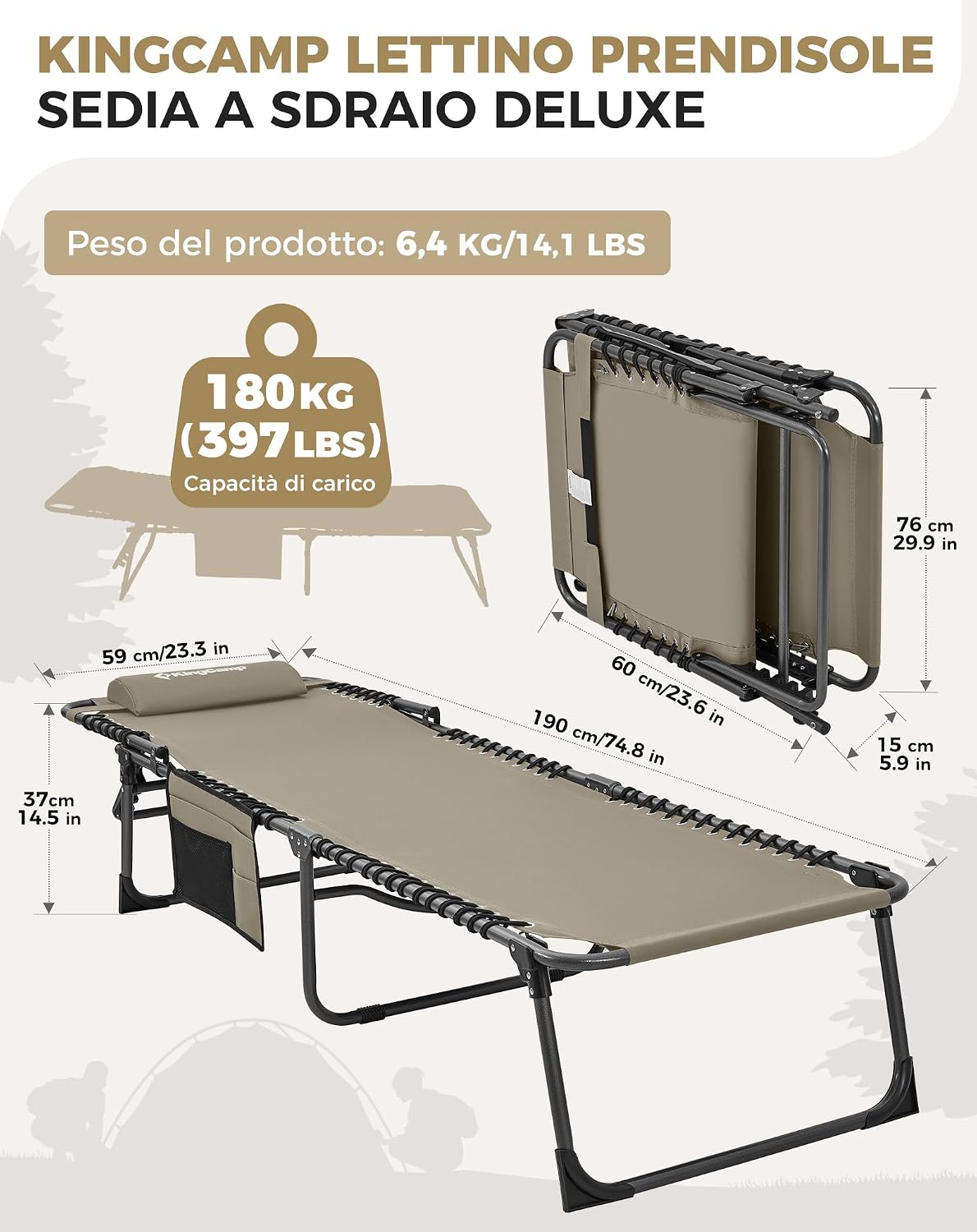 Thumbnail 2 de KingCamp Sedia a sdraio pieghevole con schienale regolabile a 5 posizioni — comfort versatile per spiaggia, giardino e campeggio