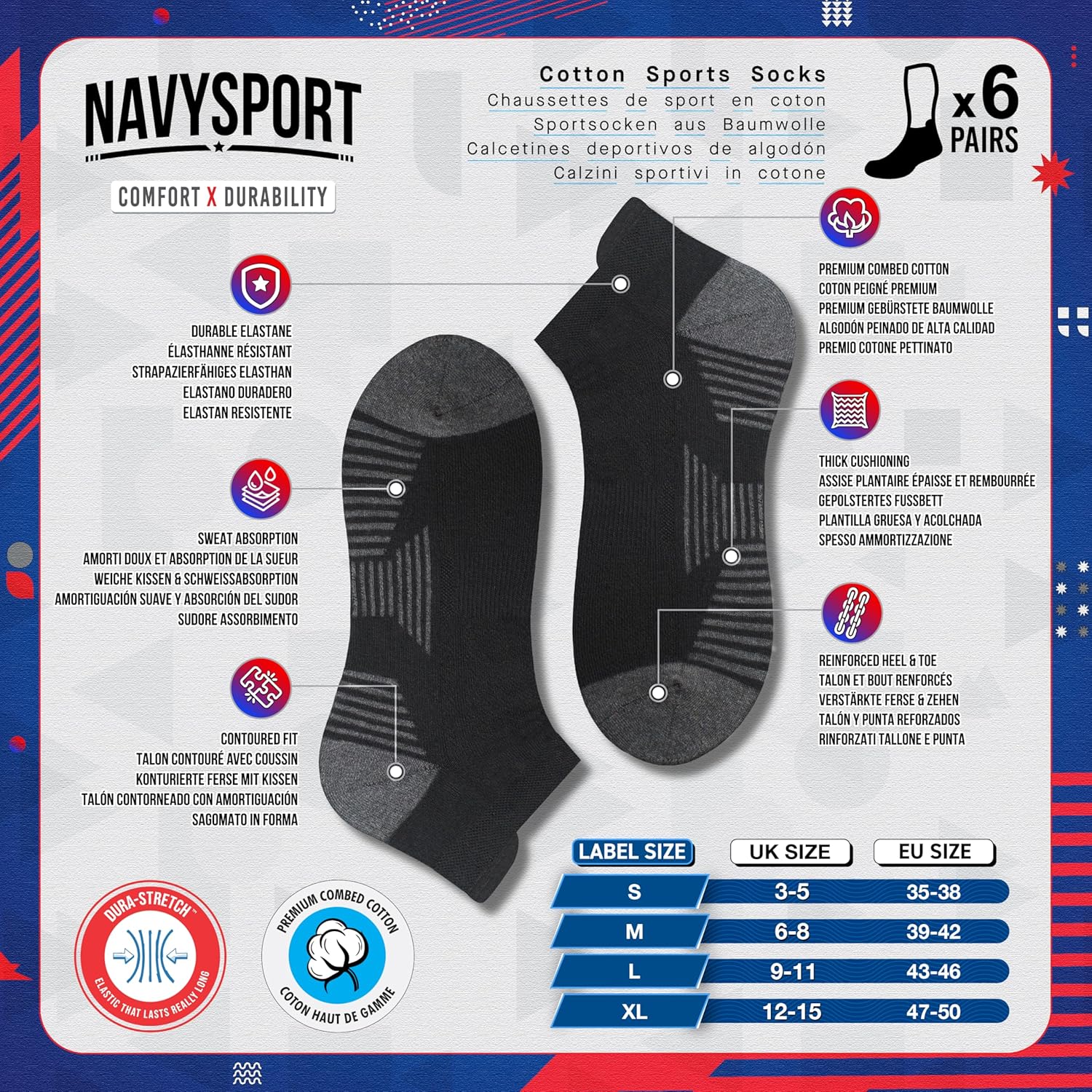 Thumbnail 1 de NAVYSPORT calzini sportivi da uomo in cotone, confezione da 6 paia