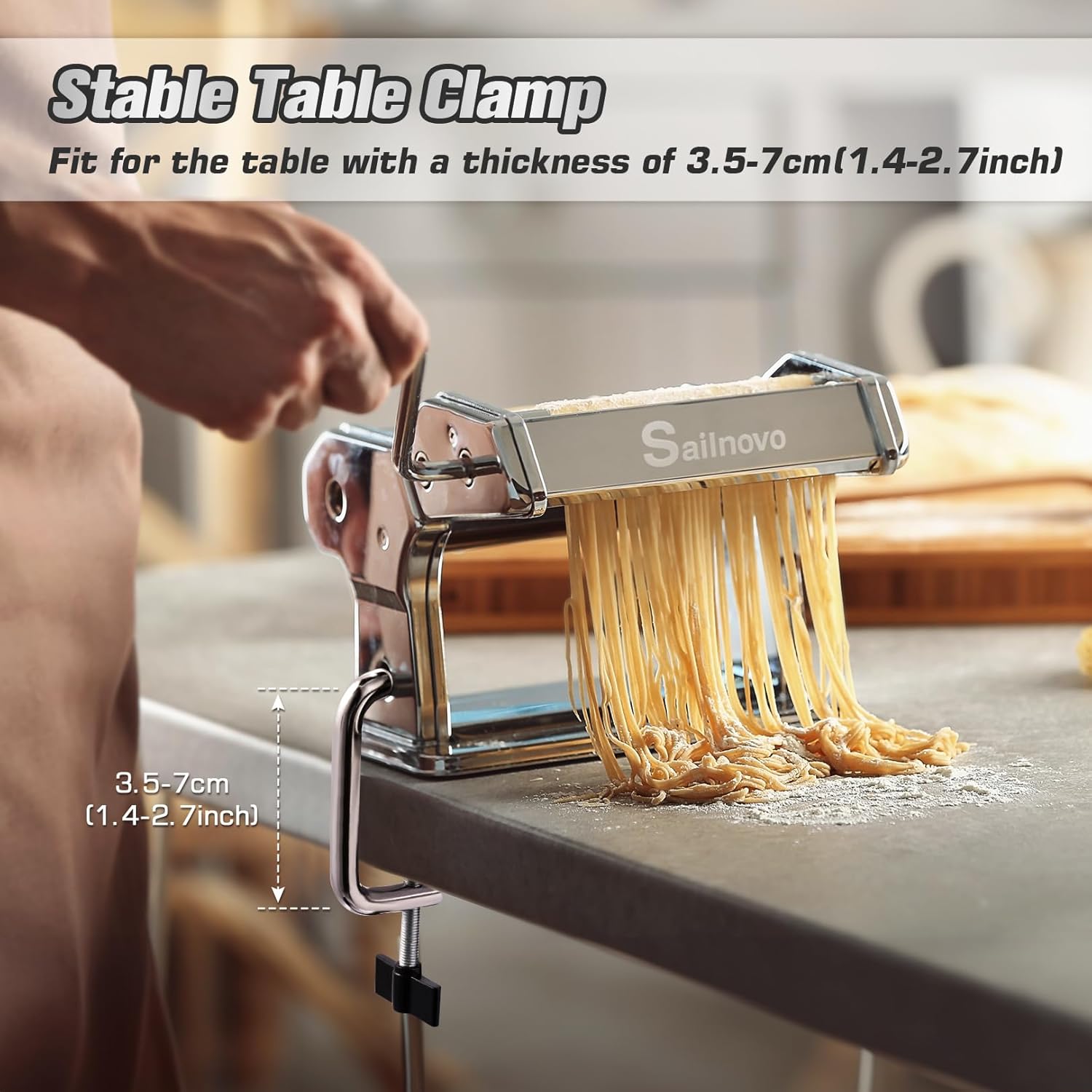 Detalle 2 de Sailnovo 3 in 1 Pasta Maker Machine with 9 Thickness Settings and 2 Width Cutters (Aluminum & Stainless Steel)